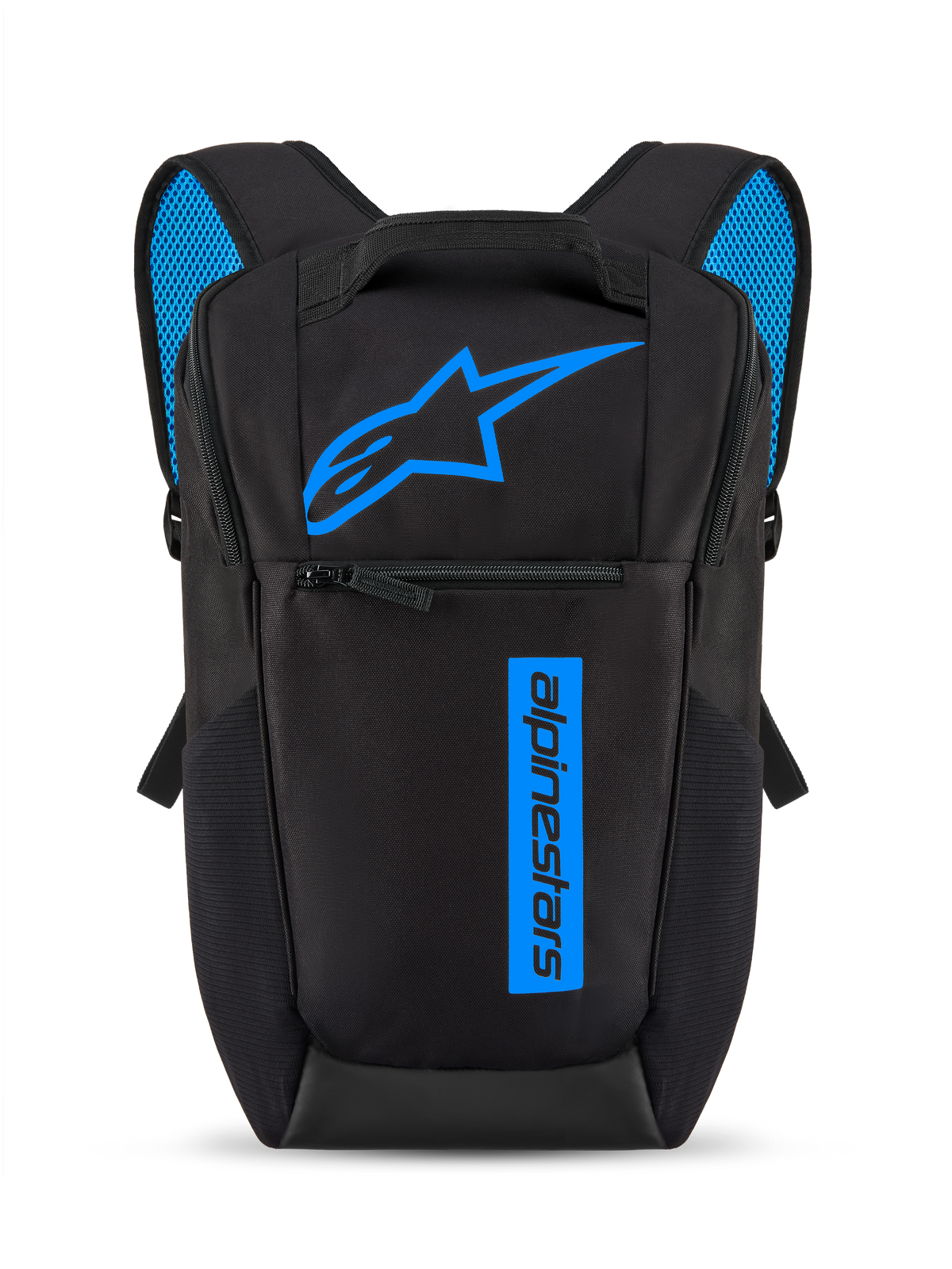 Sac à dos Alpinestars Defcon V3, noir et bleu, petit sac à dos quotidien avec logo Astars bleu vif et marquage vertical, poche avant zippée, bretelles rembourrées avec maille aérée bleue, matériau en polyester 600D durable