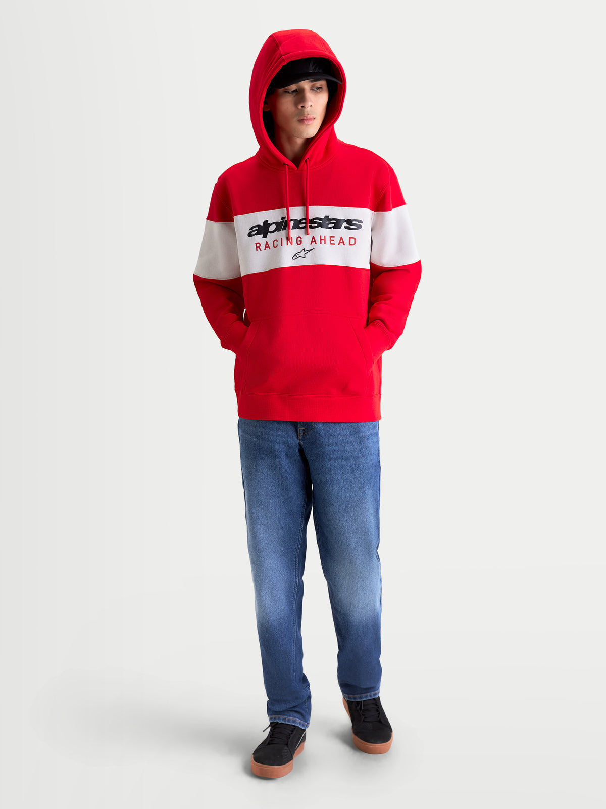Alpinestars sweat à capuche Cubic, polaire de sportswear pour homme et femme, rouge et blanc, design color-block avec logo Alpinestars Racing Ahead et capuche doublée, style décontracté inspiré du sport automobile