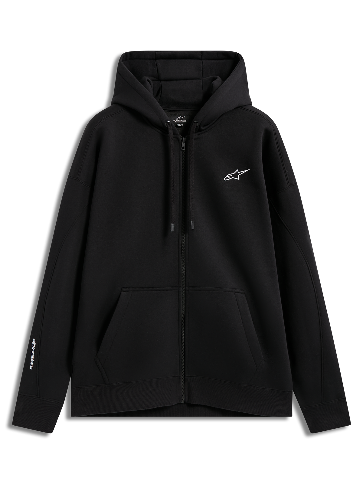 Alpinestars Entity Oversized Hoodie, sweat à capuche zippé en molleton noir, logo Astars blanc brodé sur la poitrine, poche kangourou et style sportswear décontracté.