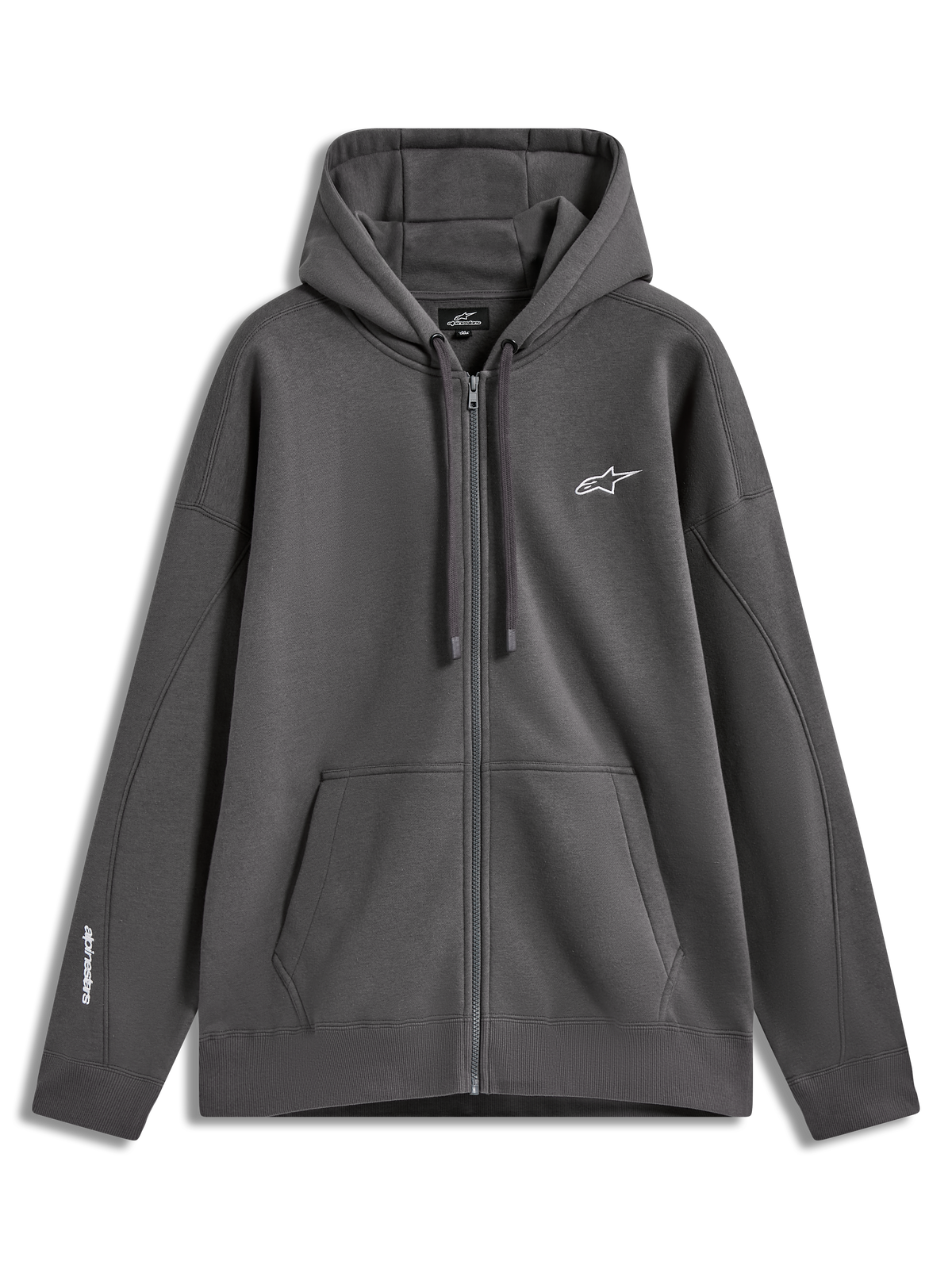 Alpinestars Entity Oversized Hoodie, sweat à capuche zippé en polaire gris anthracite, logo Astars blanc brodé sur la poitrine, poche kangourou, style sportswear