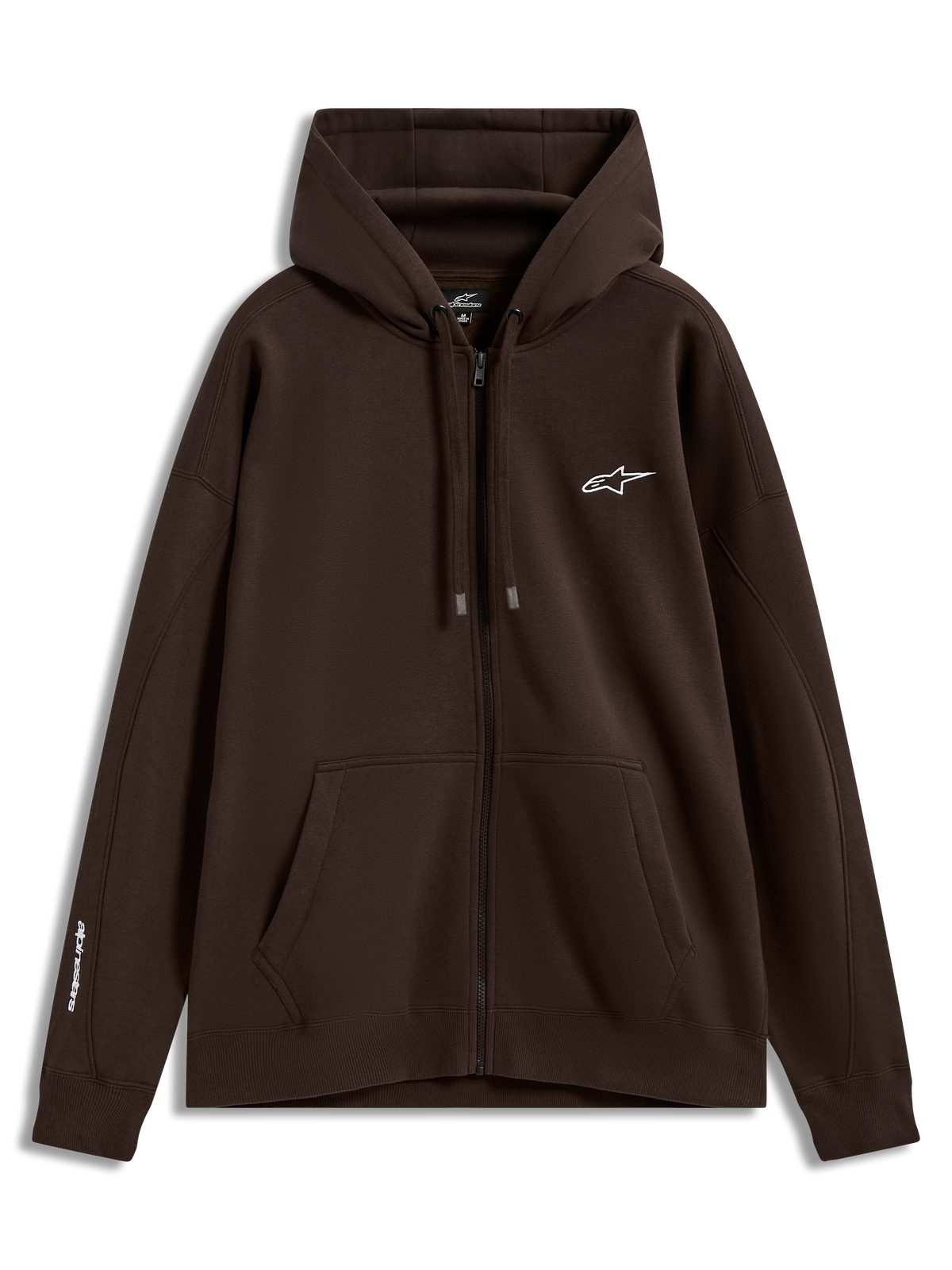 Alpinestars Entity Oversized Hoodie, sweat à capuche zippé marron en polaire sportswear avec logos blancs sur la poitrine et la manche et poche kangourou.