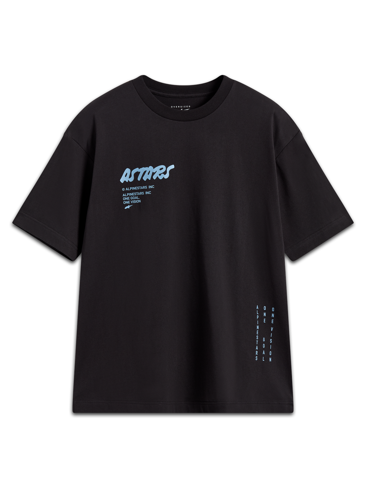 Alpinestars Chalk Oversized CSF, t-shirt noir à manches courtes, logo Astars bleu clair et marquage latéral, style sportswear.