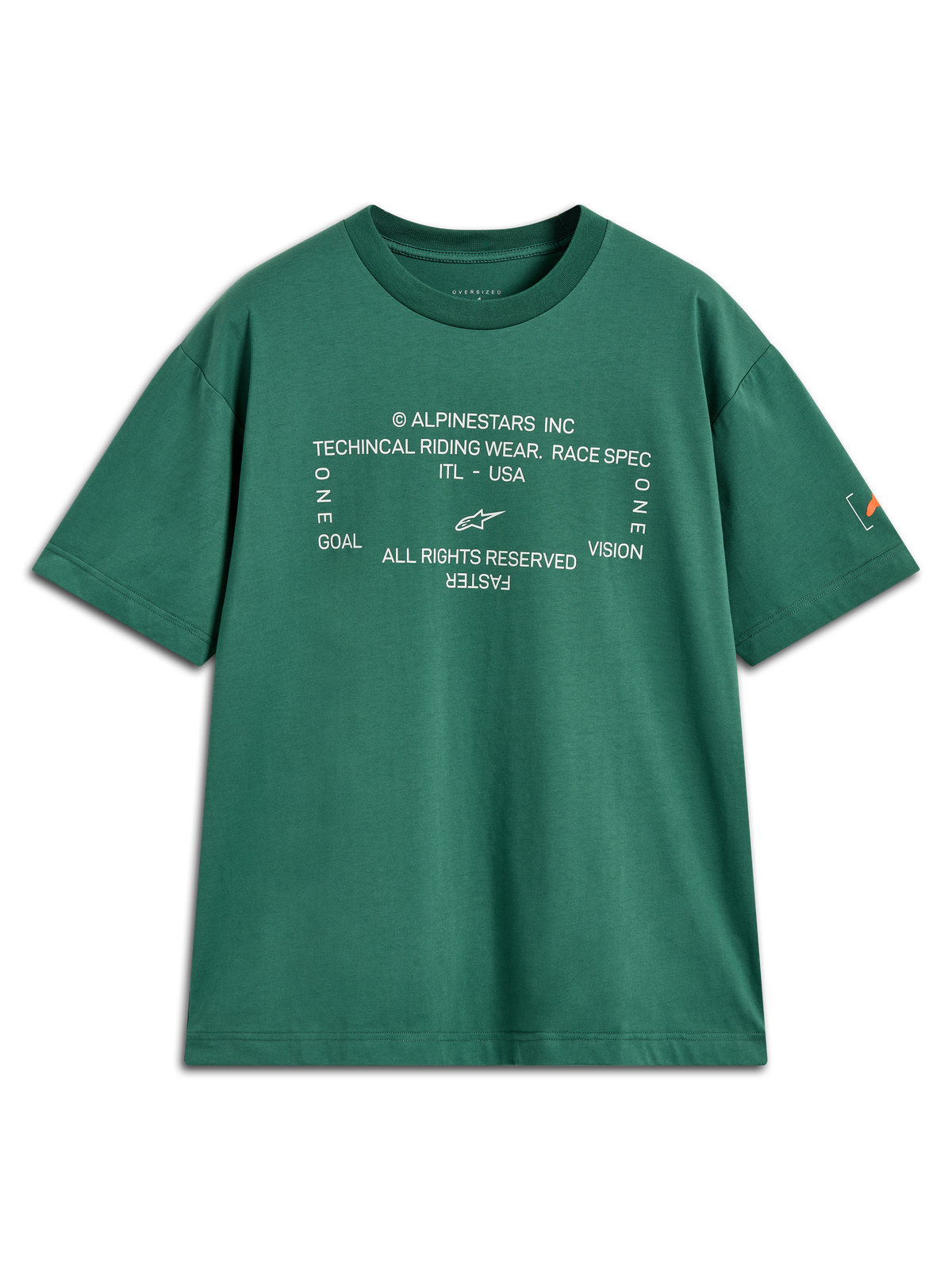 Alpinestars Infinity Oversized CSF Tee, t-shirt à manches courtes vert avec graphique technique blanc à l'avant et logo Astars sur la manche, style sportswear décontracté