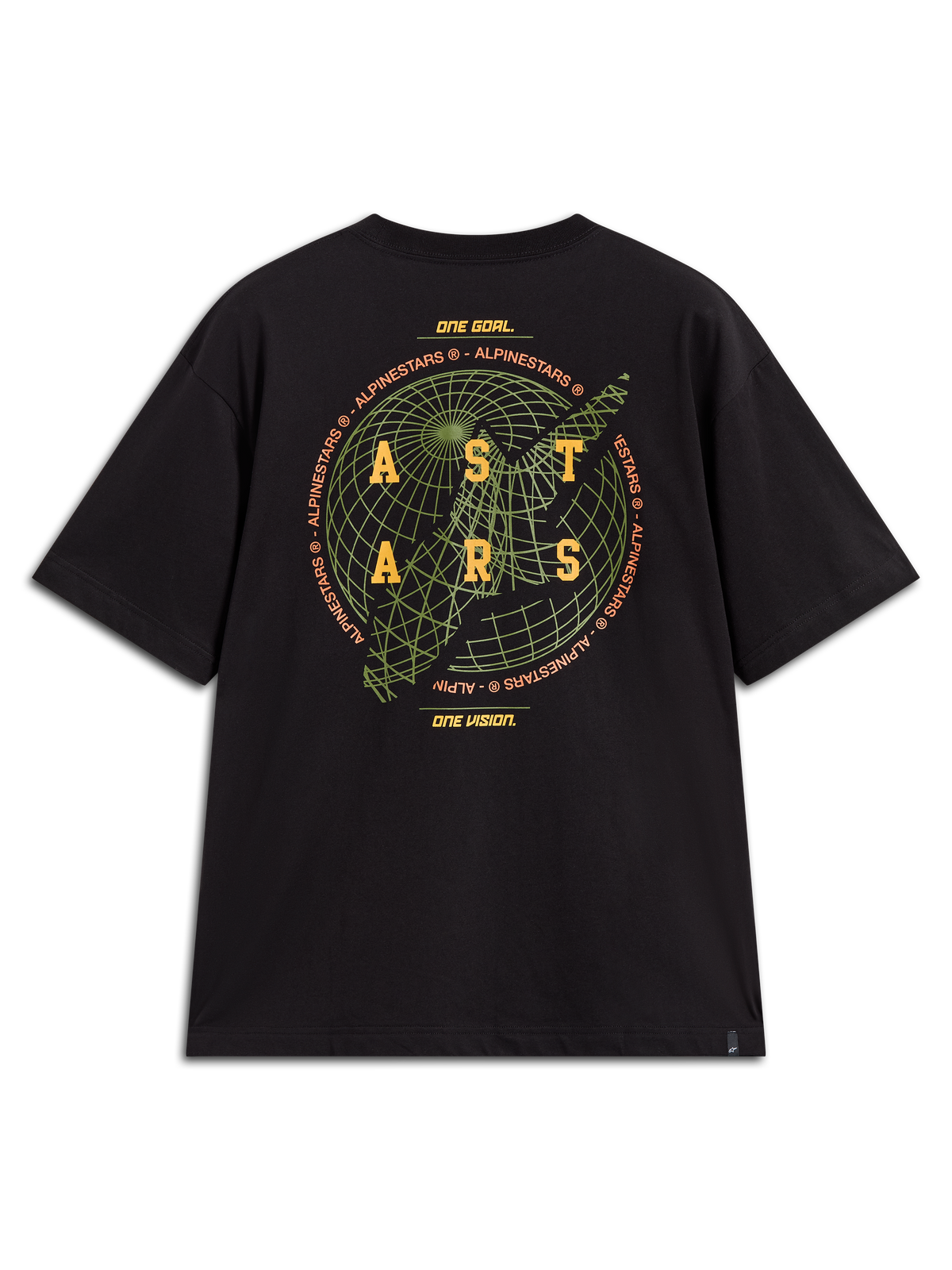 Alpinestars Latitude Oversized CSF Tee, t-shirt à manches courtes noir, vue de dos avec graphique de globe vert, logo ASTARS jaune et devise de la marque.