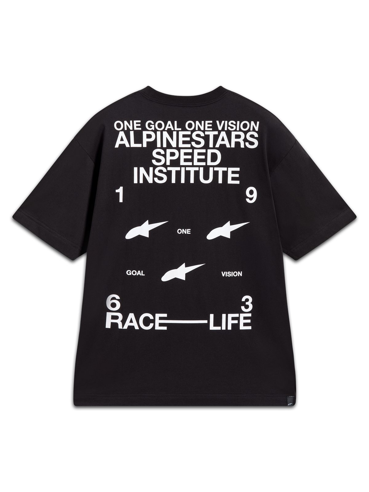 Alpinestars Institute Oversized CSF Tee, t-shirt noir à manches courtes avec graphismes blancs Speed Institute au dos.