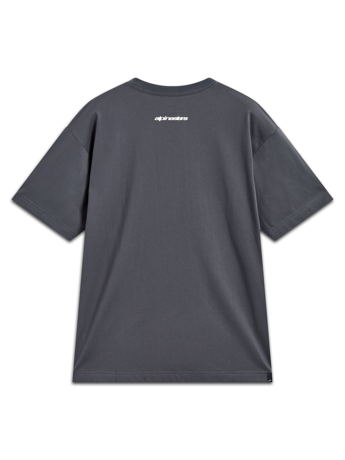 Alpinestars Mandate Oversized CSF Tee, charcoal gray short sleeve t-shirt with white back word graphic, casual sportswear.