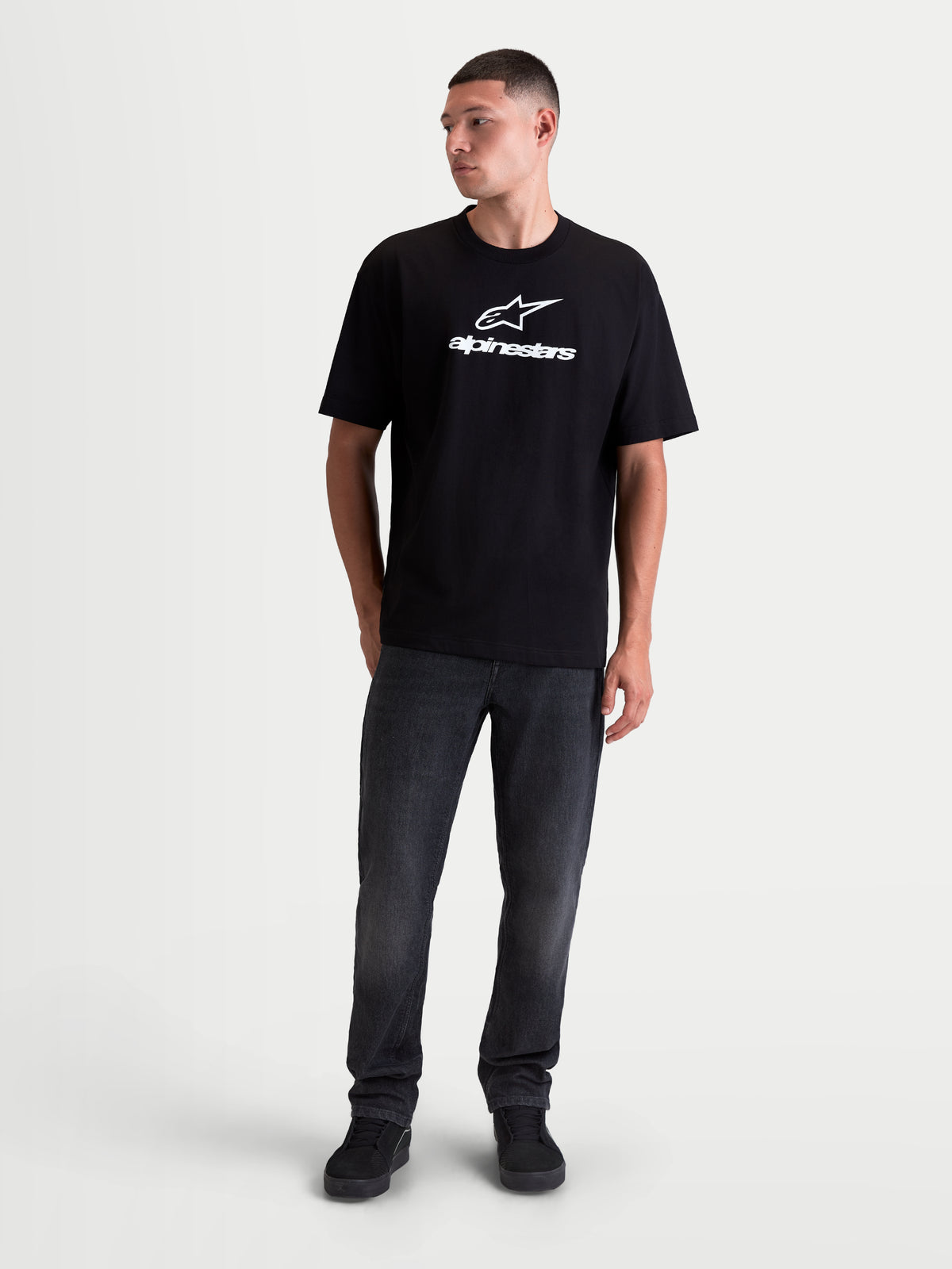 Alpinestars Prelude Oversized CSF Tee, Short Sleeve Sportswear, Black with White Front Logo Graphic, Relaxed Fit Cotton-Poly Construction, On-Model Front View