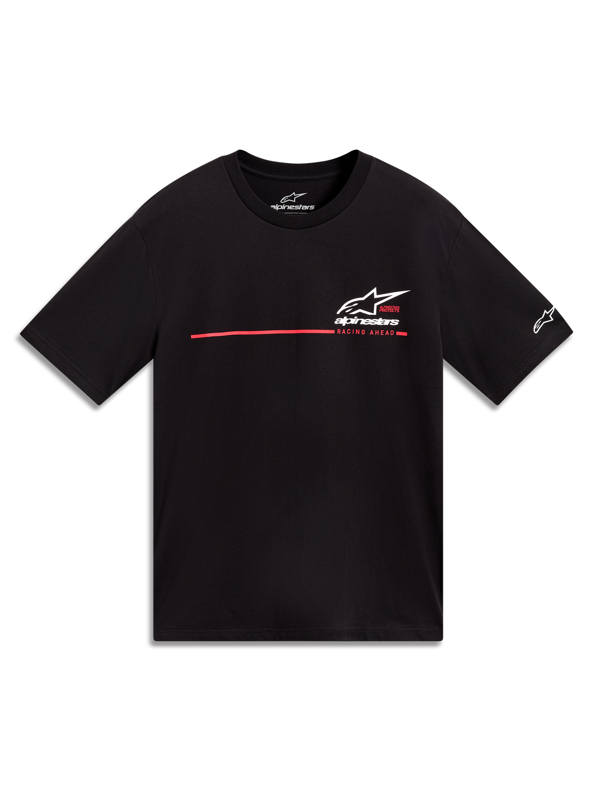 Alpinestars P1 CSF Tee, t-shirt à manches courtes noir, logo Astars blanc et bande de course rouge sur la poitrine.