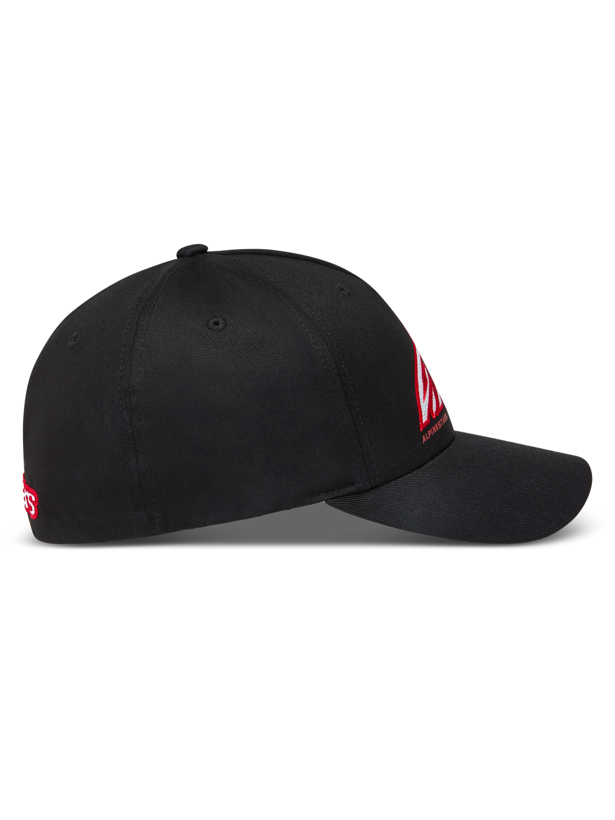 Alpinestars Lineout, casquette noire à visière incurvée, logo rouge et blanc, couronne structurée en sergé, vue latérale