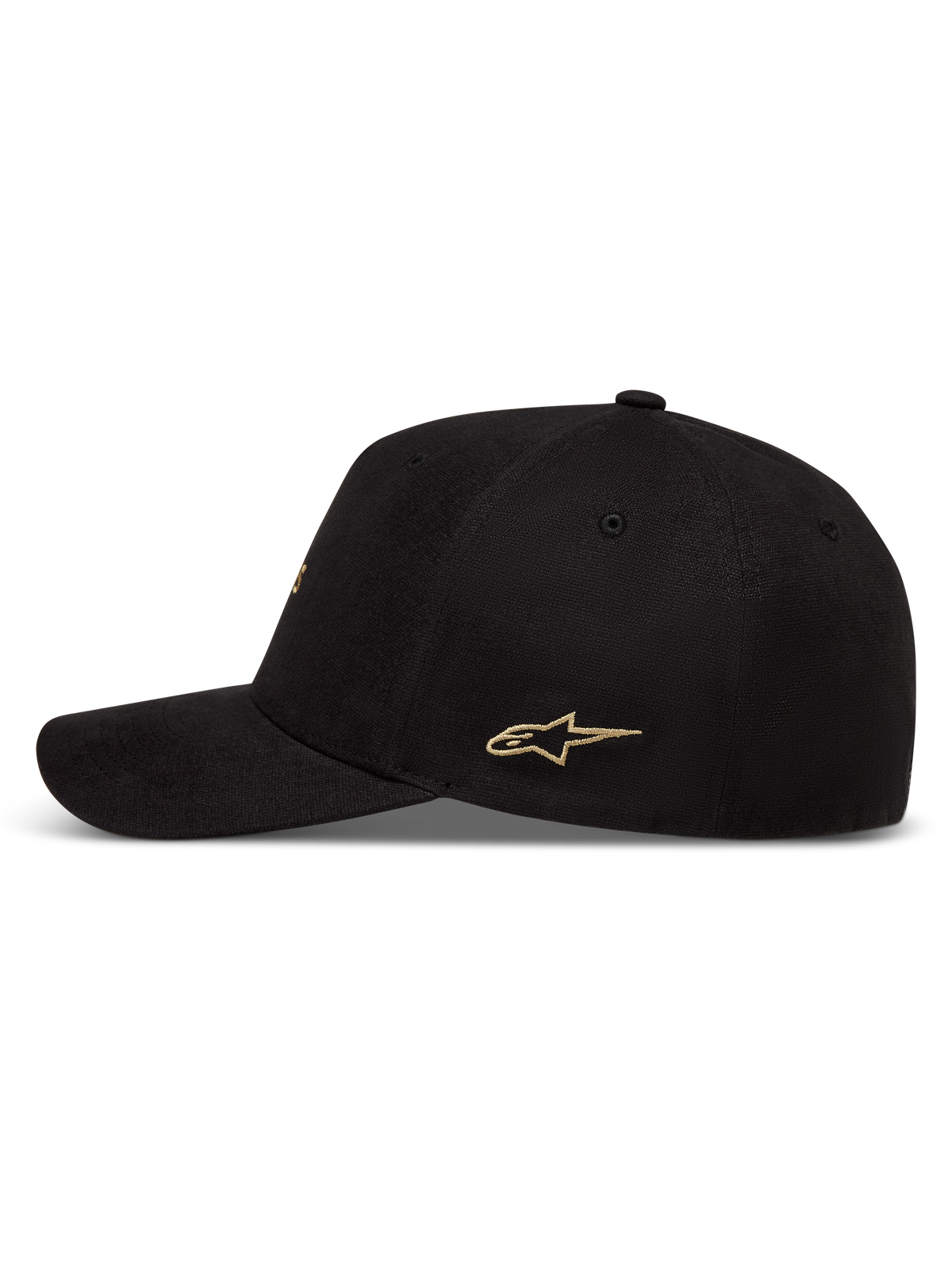 Alpinestars County Canvas, casquette de sport noire, logo Astars doré brodé, visière courbée et couronne structurée.