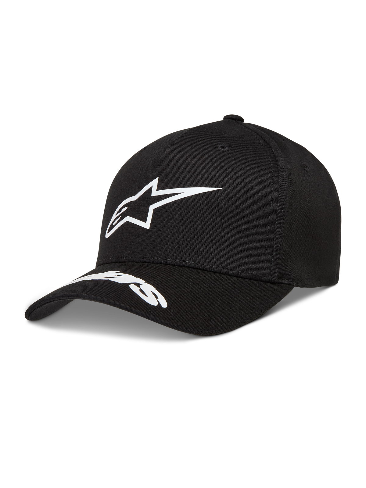 Alpinestars Arclight, casquette noire en sergé avec logo blanc en relief et visière incurvée, style sportswear