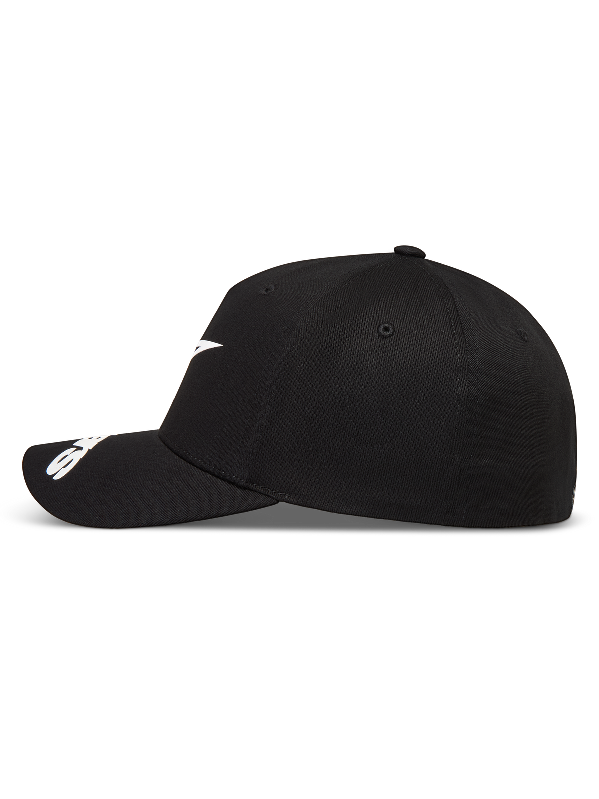 Alpinestars Arclight, casquette de sportswear noire et blanche, vue de profil avec visière incurvée et couronne structurée, logo Astars blanc