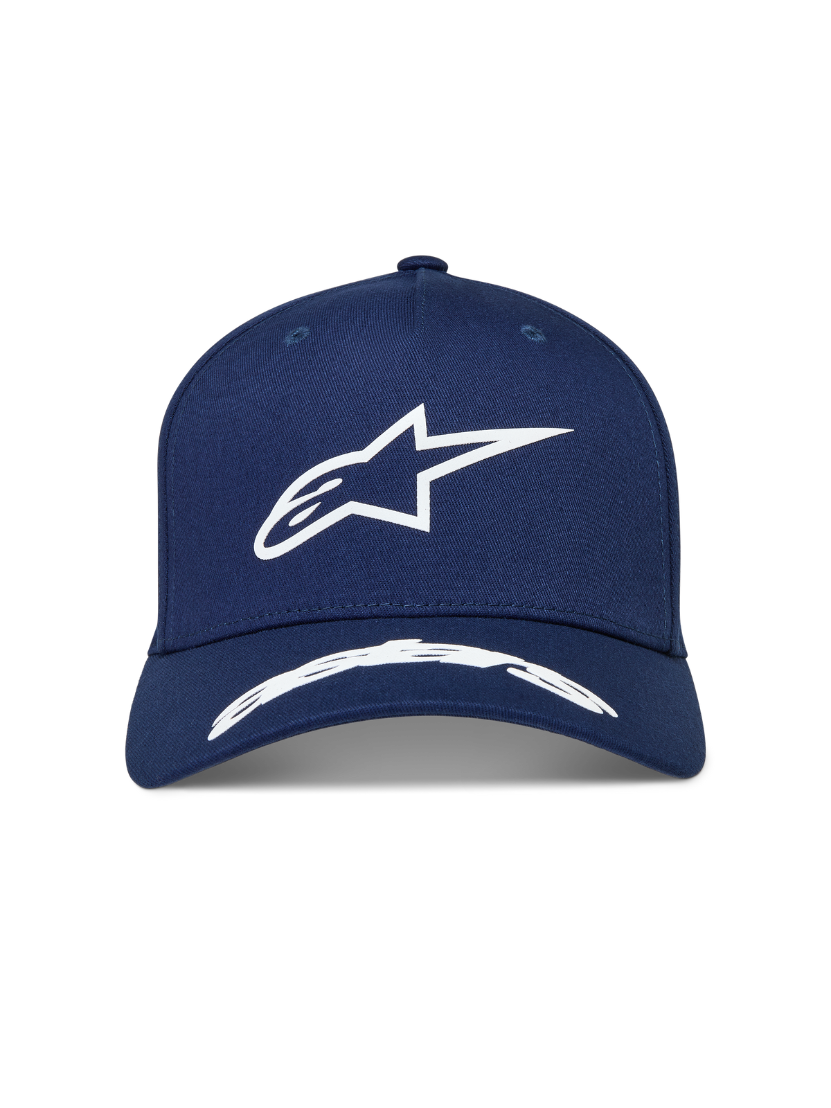 Alpinestars Arclight, casquette sportswear bleu marine et blanche, couronne structurée, visière incurvée et logo Astars blanc