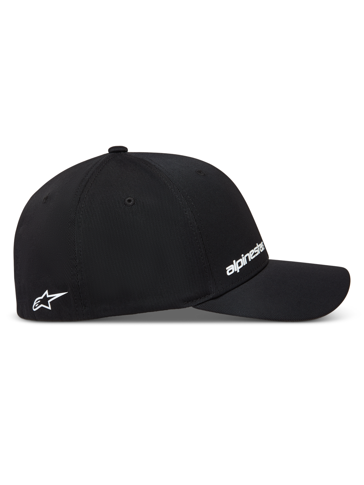 Alpinestars Points, casquette de sportswear noire en nylon tactel, vue de profil avec logos blancs en impression HD.