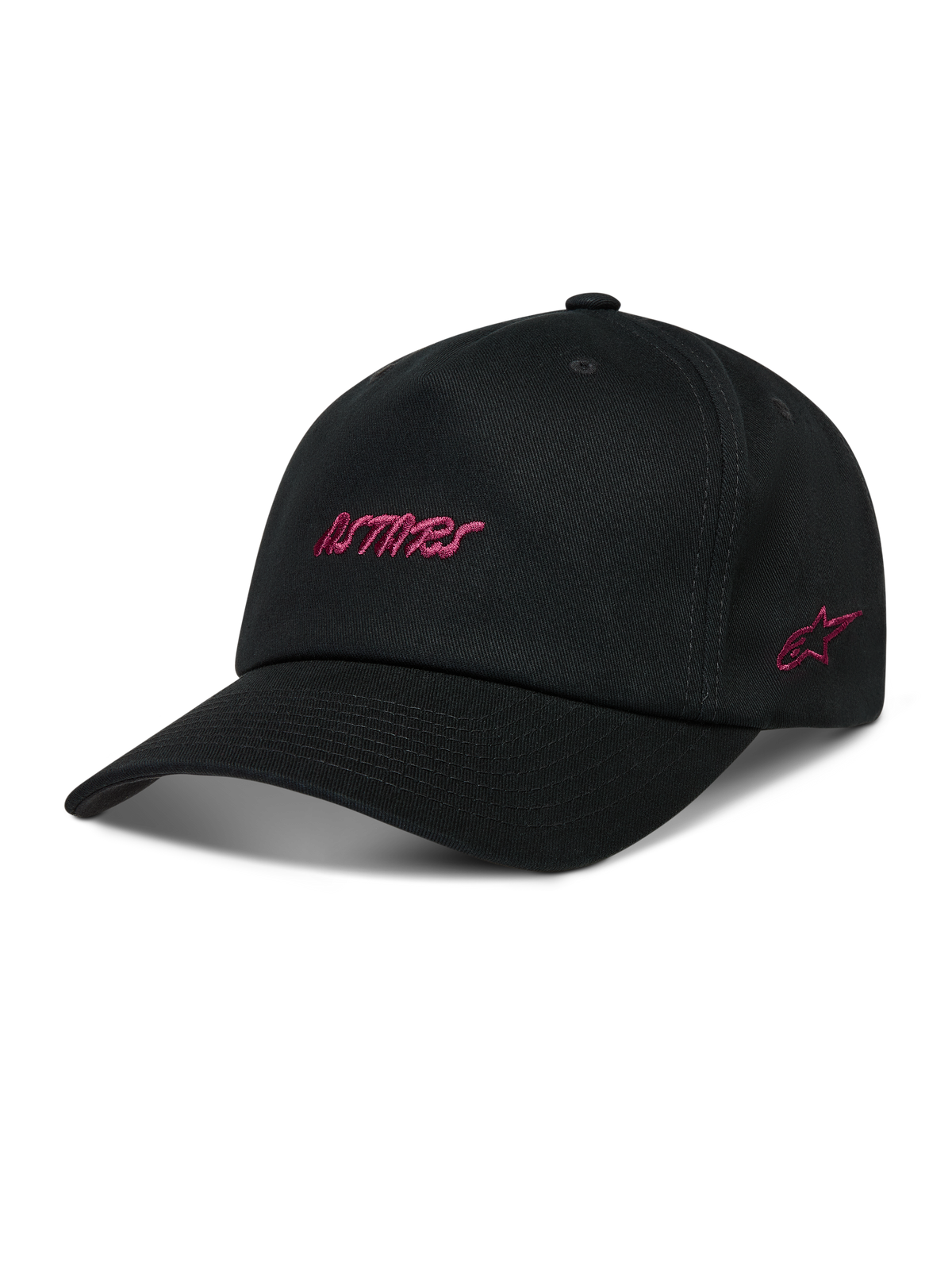 Alpinestars Explorer Strapback Casquette, casquette de sportswear noire avec logo Astars brodé en rose, couronne structurée et visière incurvée.