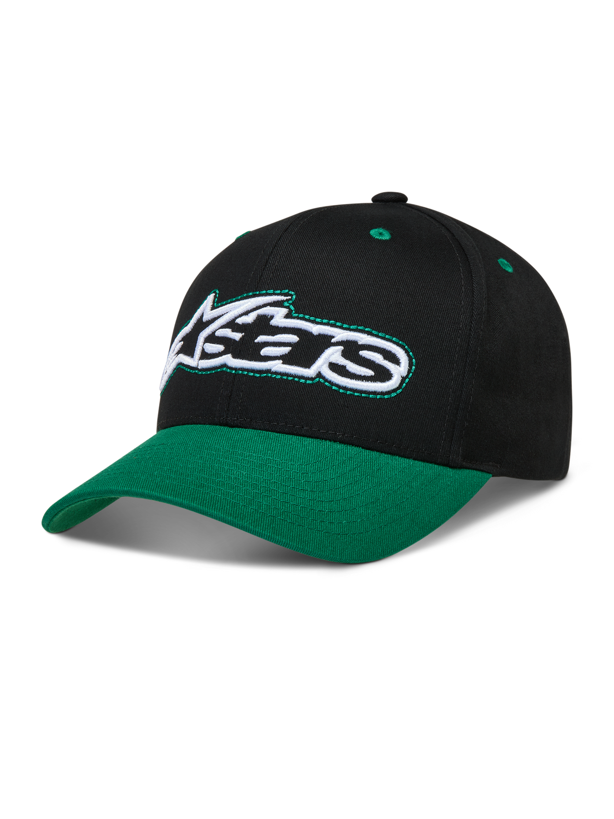 Alpinestars Retro Snapback, casquette sportswear noire et verte, visière incurvée, couronne structurée et logo Astars brodé.