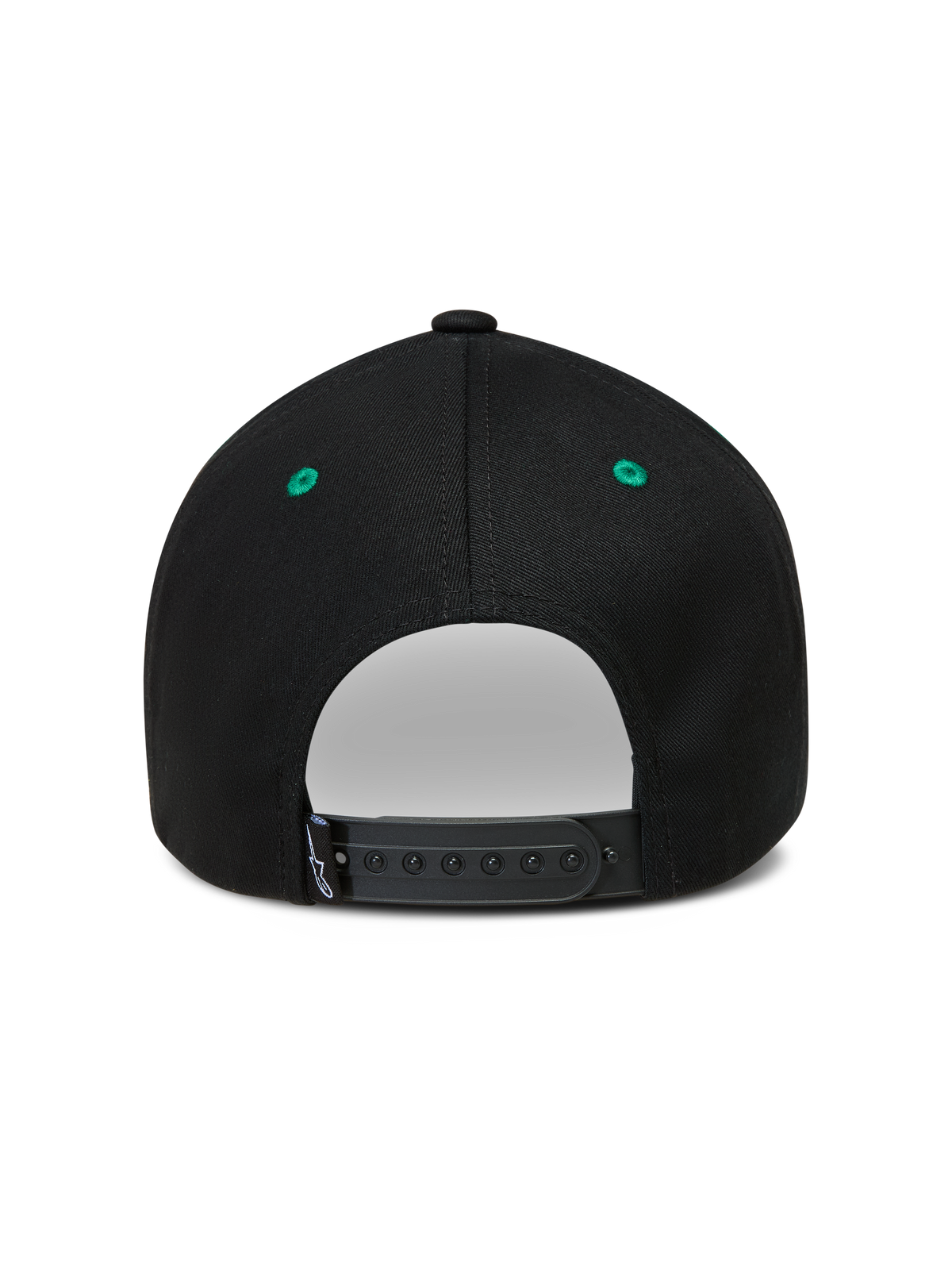 Alpinestars Retro Snapback, casquette sportswear noire et verte, vue de dos avec fermeture snapback ajustable