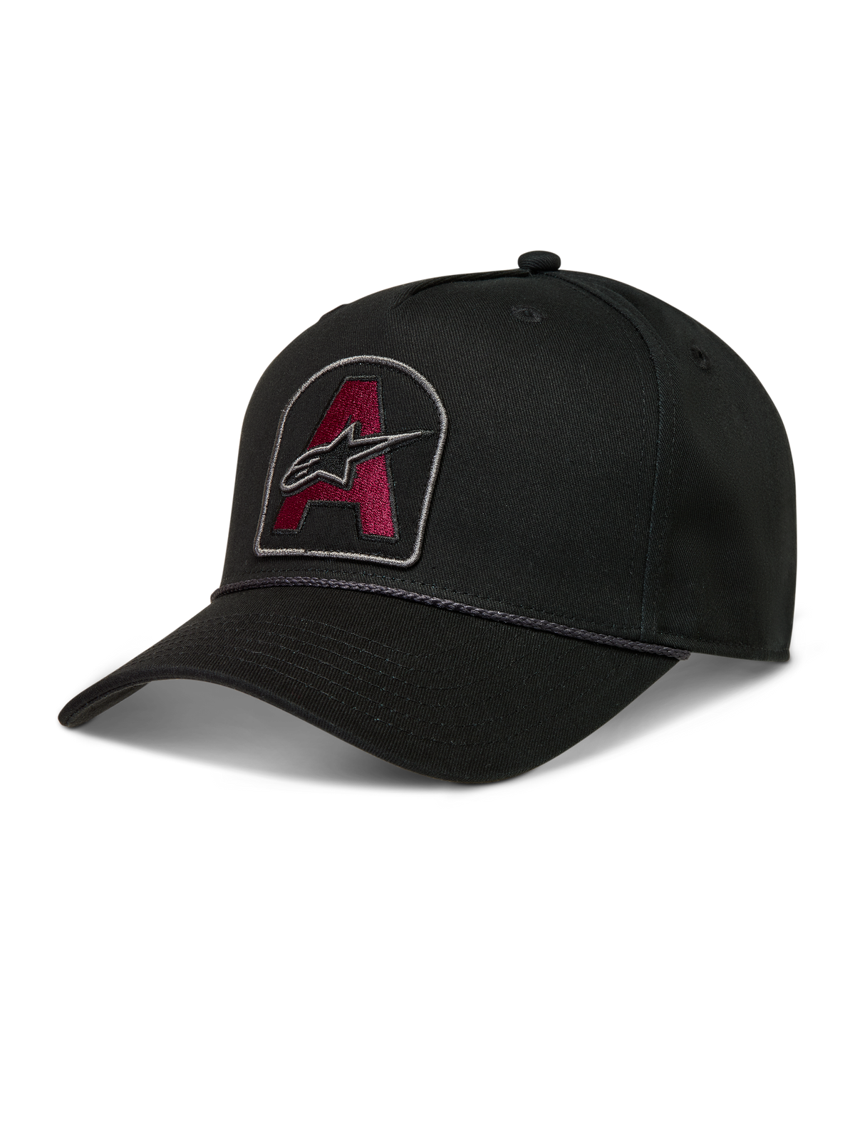 Alpinestars Acme Snapback, casquette noire en sergé avec visière courbée, écusson Astars bordeaux brodé et bordure en corde