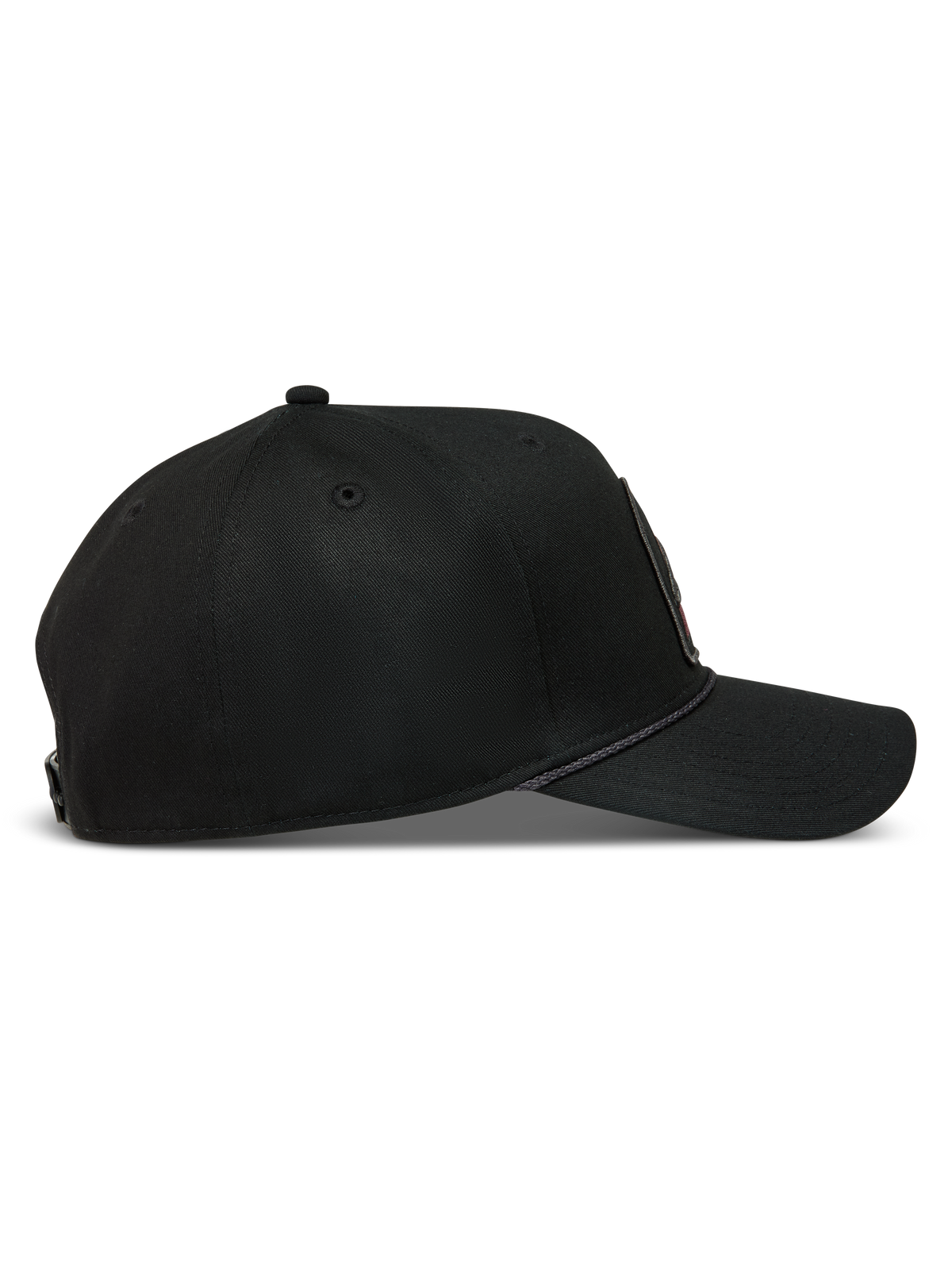 Alpinestars Acme Snapback, casquette de sportswear noire en sergé, vue de profil avec visière courbée et bordure en corde