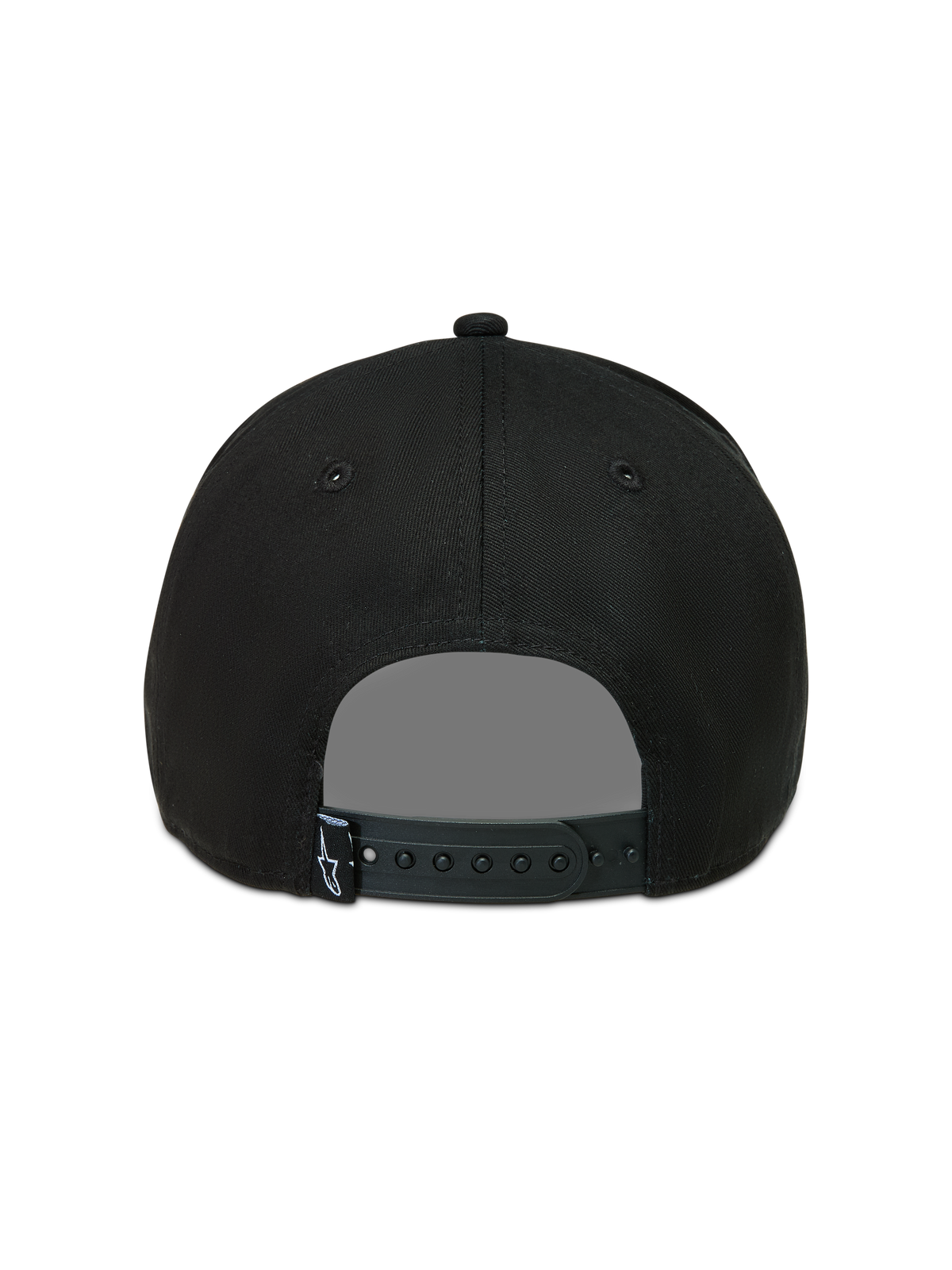 Alpinestars Acme Snapback, casquette sportswear noire, vue arrière avec fermeture à pression réglable et étiquette logo