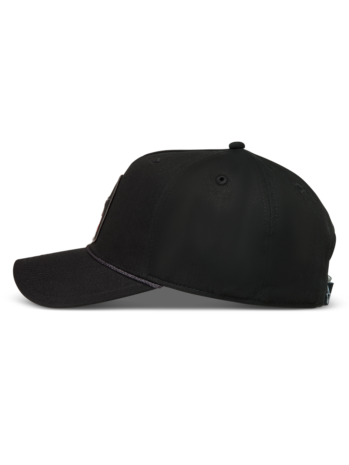 Alpinestars Acme Snapback, casquette de sportswear noire avec visière courbée et bordure en corde, vue de profil