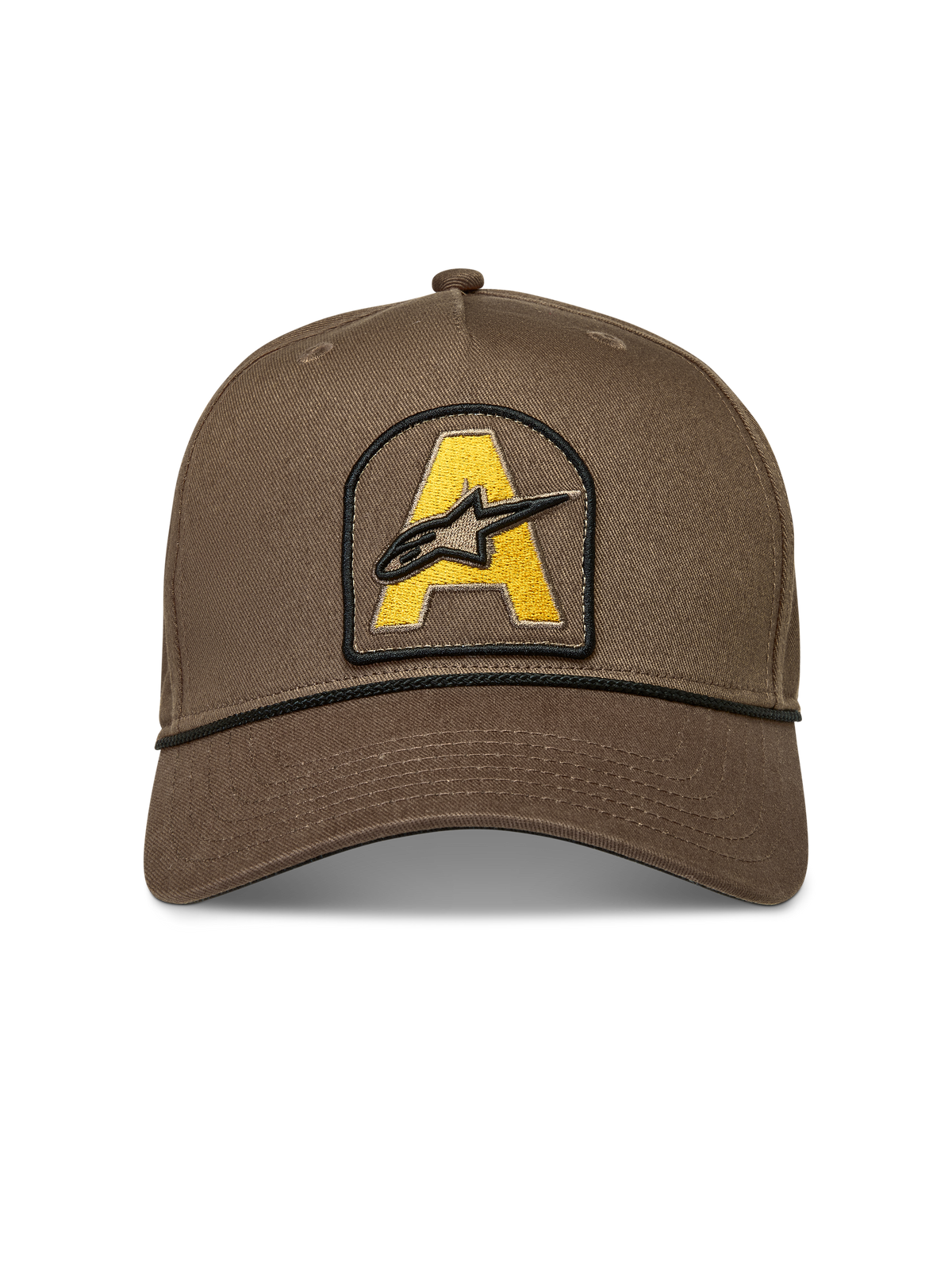 Alpinestars Acme Snapback, casquette de sportswear marron avec écusson brodé jaune et bordure en corde noire.