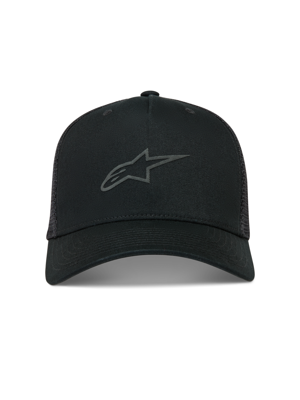 Alpinestars Augment Trucker Casquette, casquette trucker noire avec visière incurvée et logo Astars texturé.