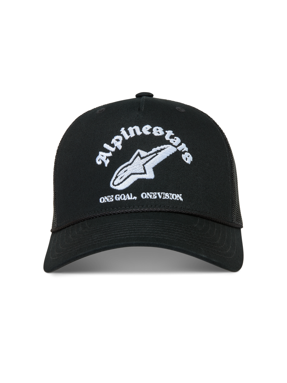 Alpinestars Baron Trucker, casquette trucker noire avec logo brodé blanc, visière courbée et arrière en maille respirante.