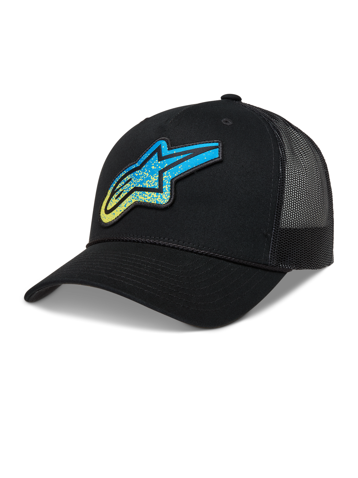 Alpinestars Meteorite Trucker, casquette trucker de sportswear noire avec arrière en maille, logo Astars bleu et jaune à texture gravier et visière incurvée.