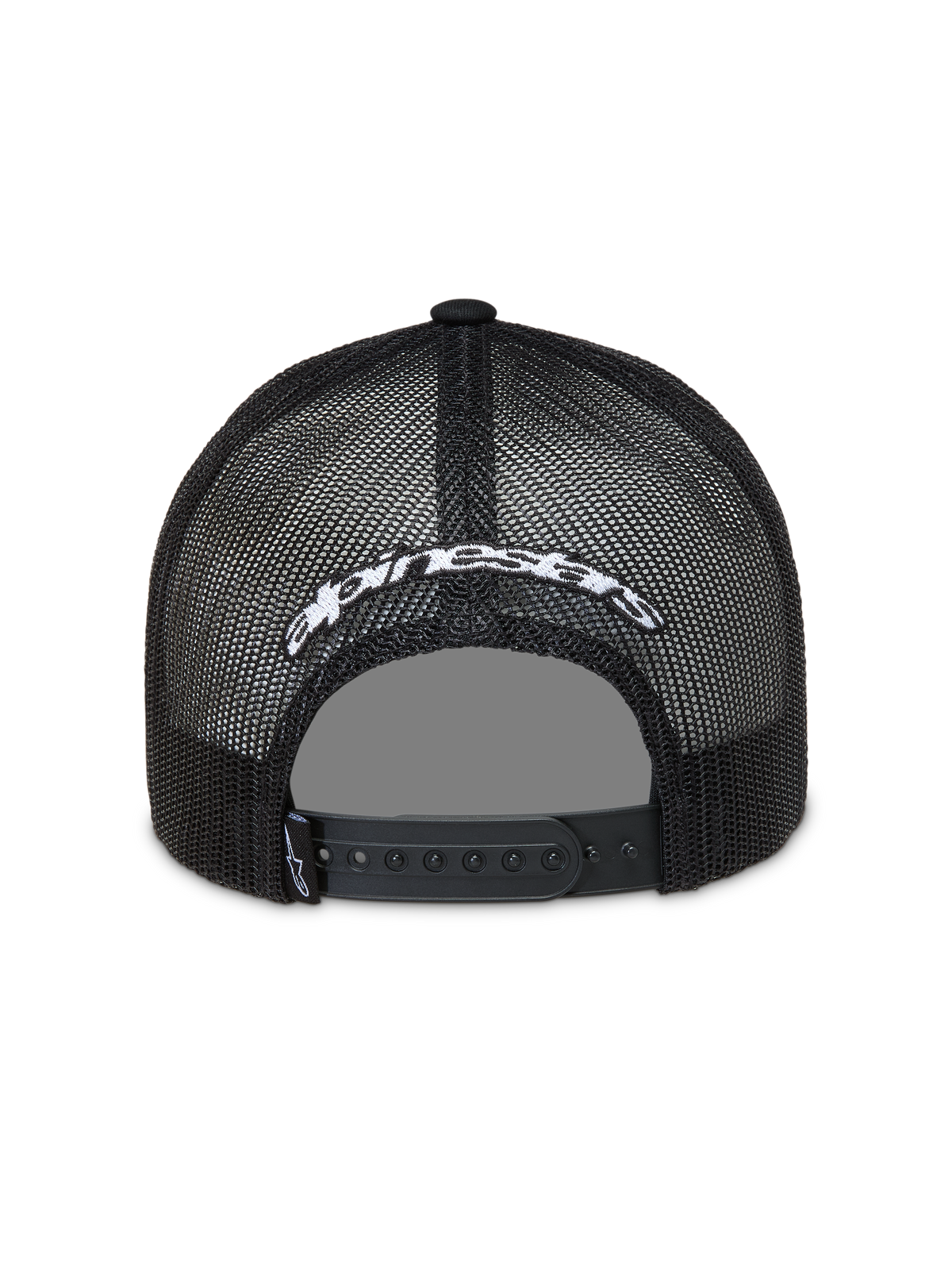 Alpinestars Meteorite Trucker, casquette noire en maille avec logo blanc brodé et fermeture à pression, vue arrière.