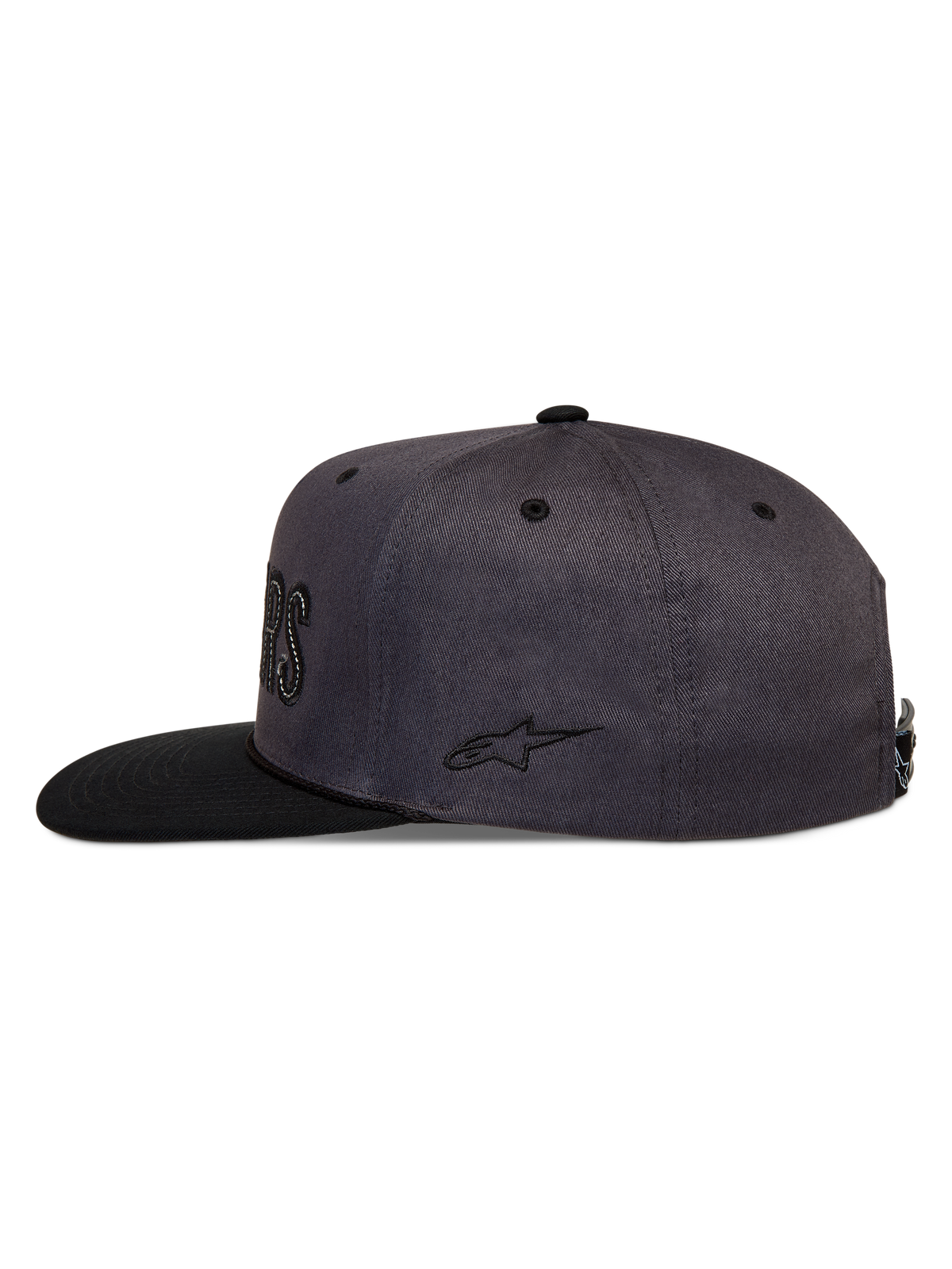 Alpinestars Stadium Snapback, casquette gris foncé et noire avec visière plate, couronne structurée et logo Astars brodé.