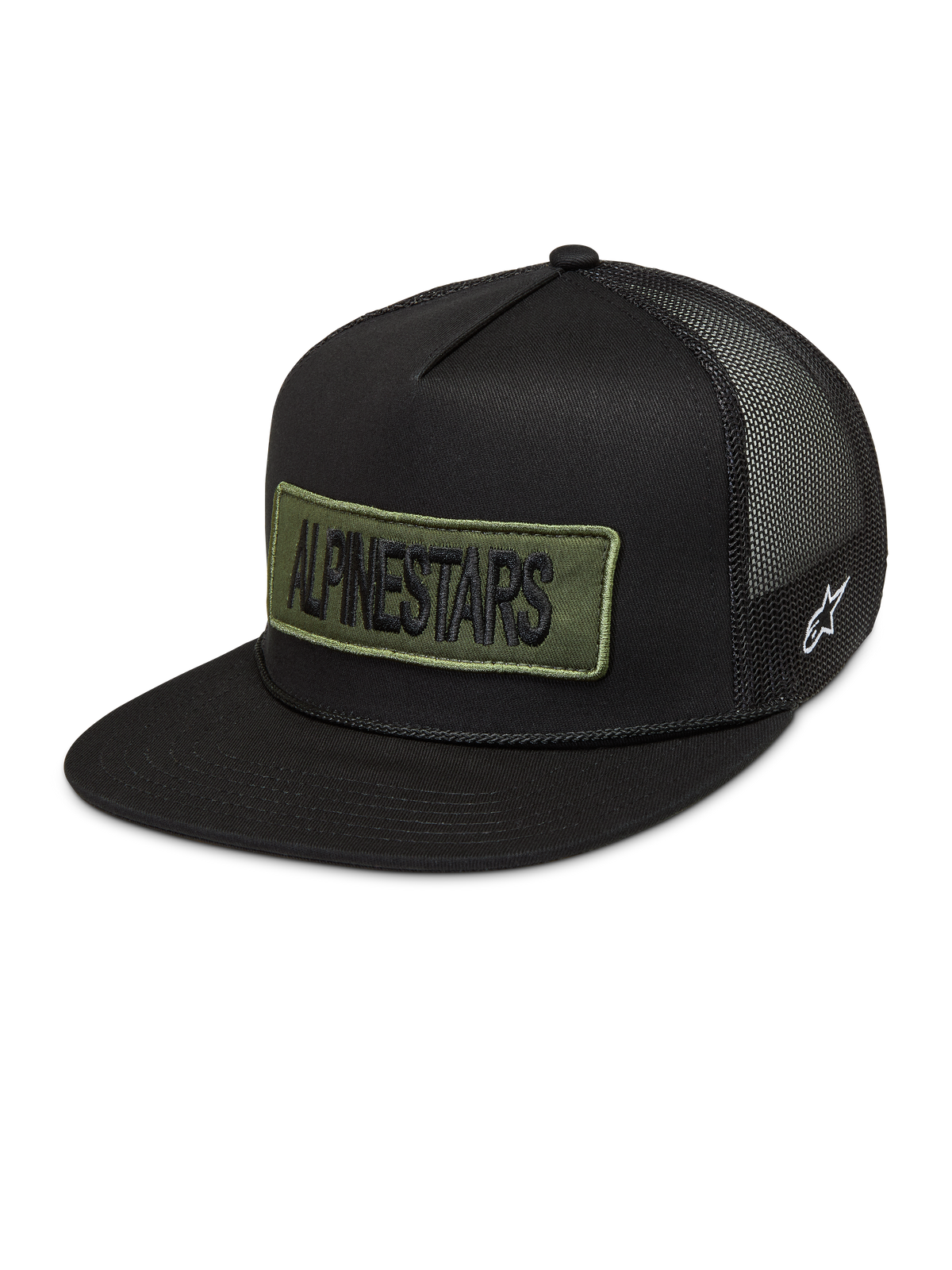 Alpinestars Ten Trucker Casquette, casquette trucker noire avec écusson vert olive, logo blanc et arrière en filet.