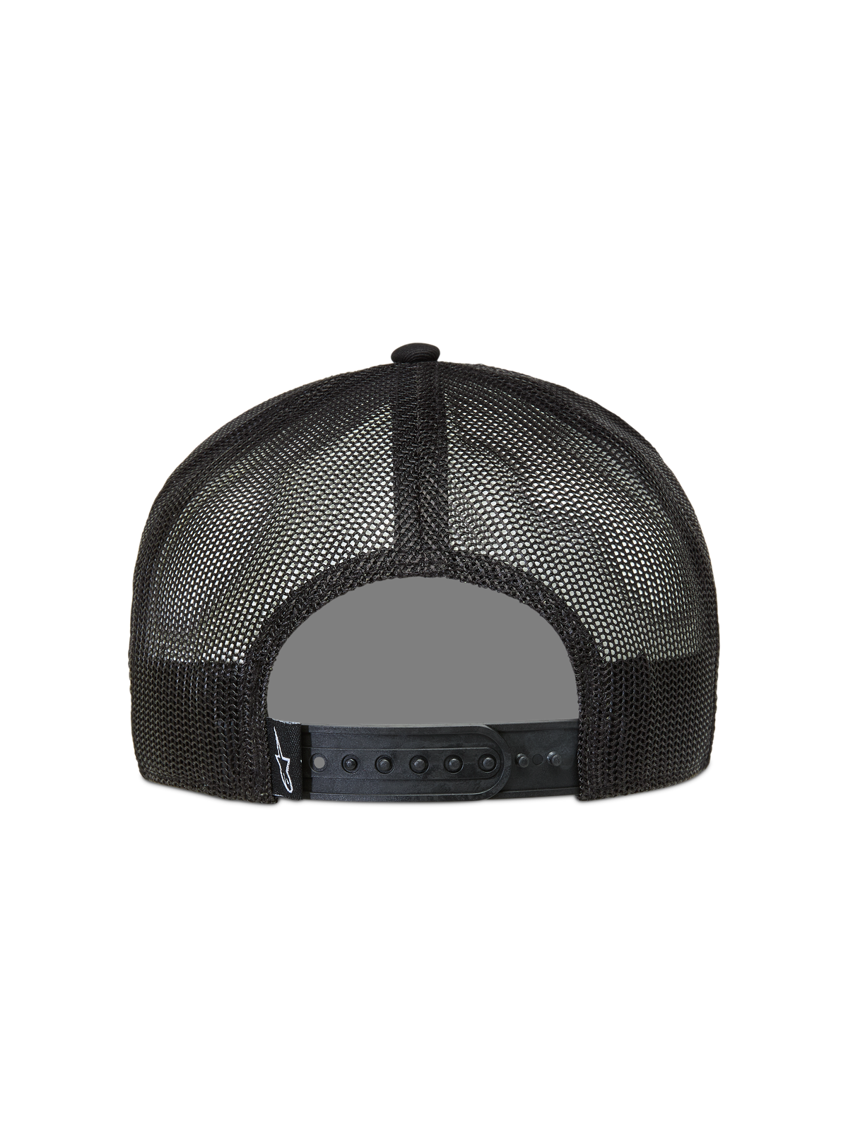Alpinestars Ten Trucker, casquette trucker noire, vue de dos avec filet respirant et fermeture snapback réglable.