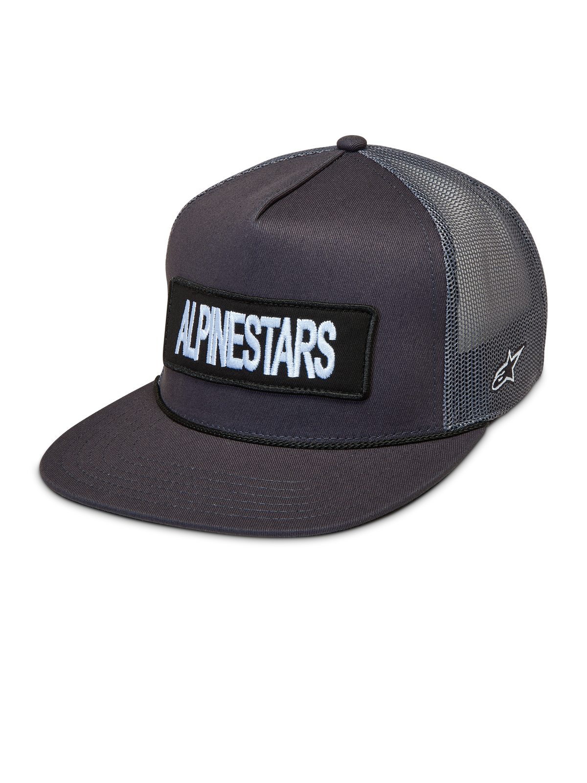Alpinestars Ten Trucker, casquette trucker gris foncé avec visière plate, écusson brodé et panneaux en maille respirante