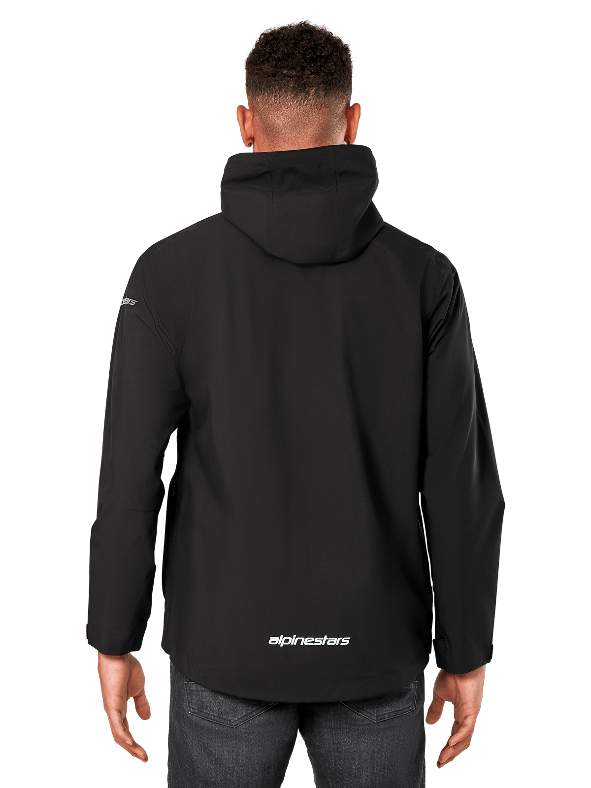 Alpinestars Kascade Rain Jacket, Men's Rain Shell, Black, Rear view showing fixed hood and Alpinestars logo on the lower back, casual waterproof sportswear