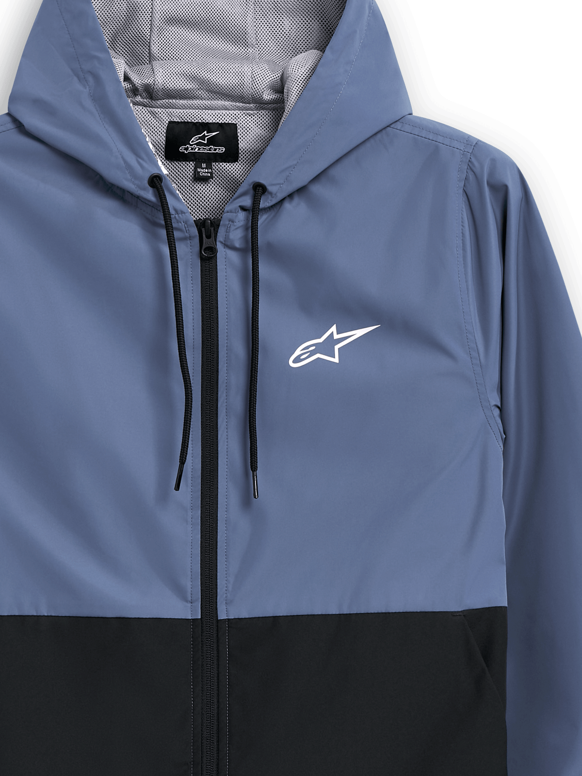 Alpinestars Speeder Windbreaker Jacket, Slate Blue and Black, lightweight hooded windbreaker, mesh lining with black drawstrings, white Alpinestars star logo on chest, blocked body design, casual motorsport-inspired streetwear