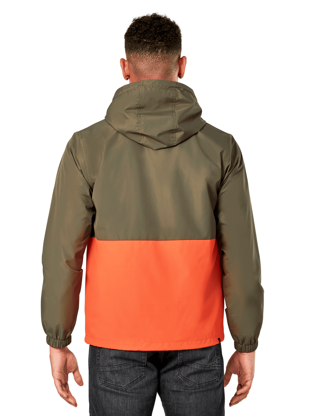 Veste coupe-vent Alpinestars Speeder, coupe-vent léger à capuche, design bicolore vert militaire et orange, vue de dos montrant la capuche et les poignets élastiques, style sportswear décontracté