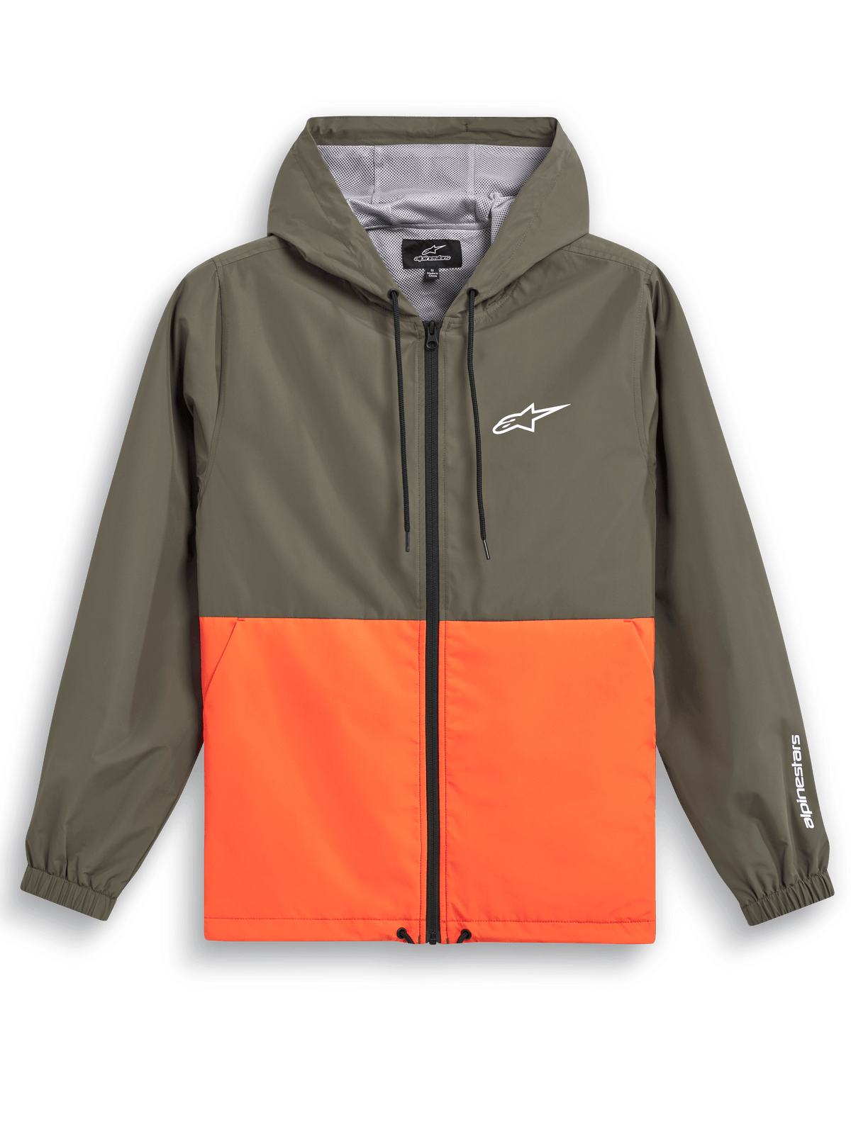 Veste coupe-vent Alpinestars Speeder, sportswear décontracté, design color-block vert olive et orange vif, logo Astars blanc sur la poitrine et la manche, capuche avec doublure en mesh, cordons de serrage réglables, poignets élastiques