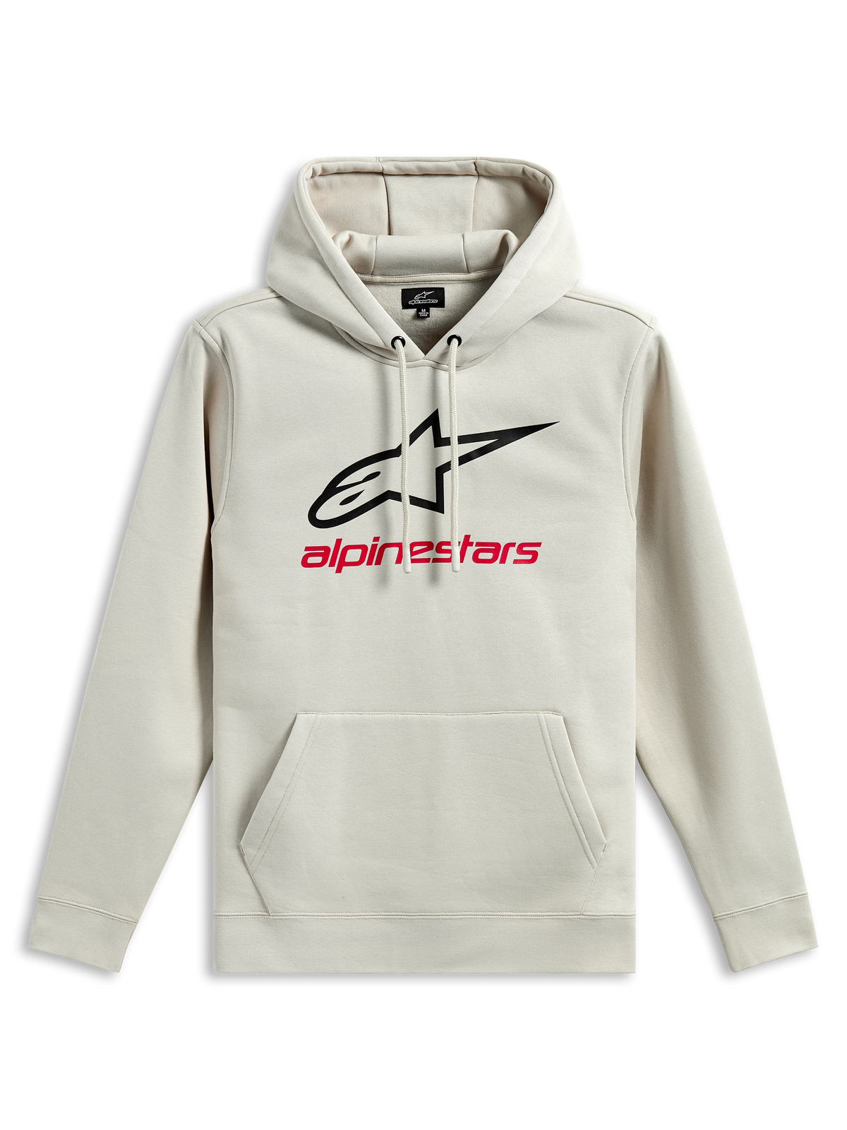 Alpinestars Always V3 Hoodie, pull à capuche en polaire, blanc cassé, logo étoile noir et texte Alpinestars rouge sur la poitrine, poche kangourou, capuche avec cordon de serrage, vêtement de sport décontracté inspiré du sport automobile