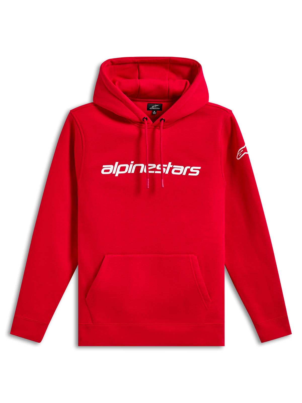 Sweat à capuche Alpinestars Linear Wordmark V3, streetwear décontracté, rouge avec lettrage Alpinestars blanc sur la poitrine, logo Ageless blanc sur la manche, capuche à cordon de serrage, poche kangourou, poignets et ourlet côtelés