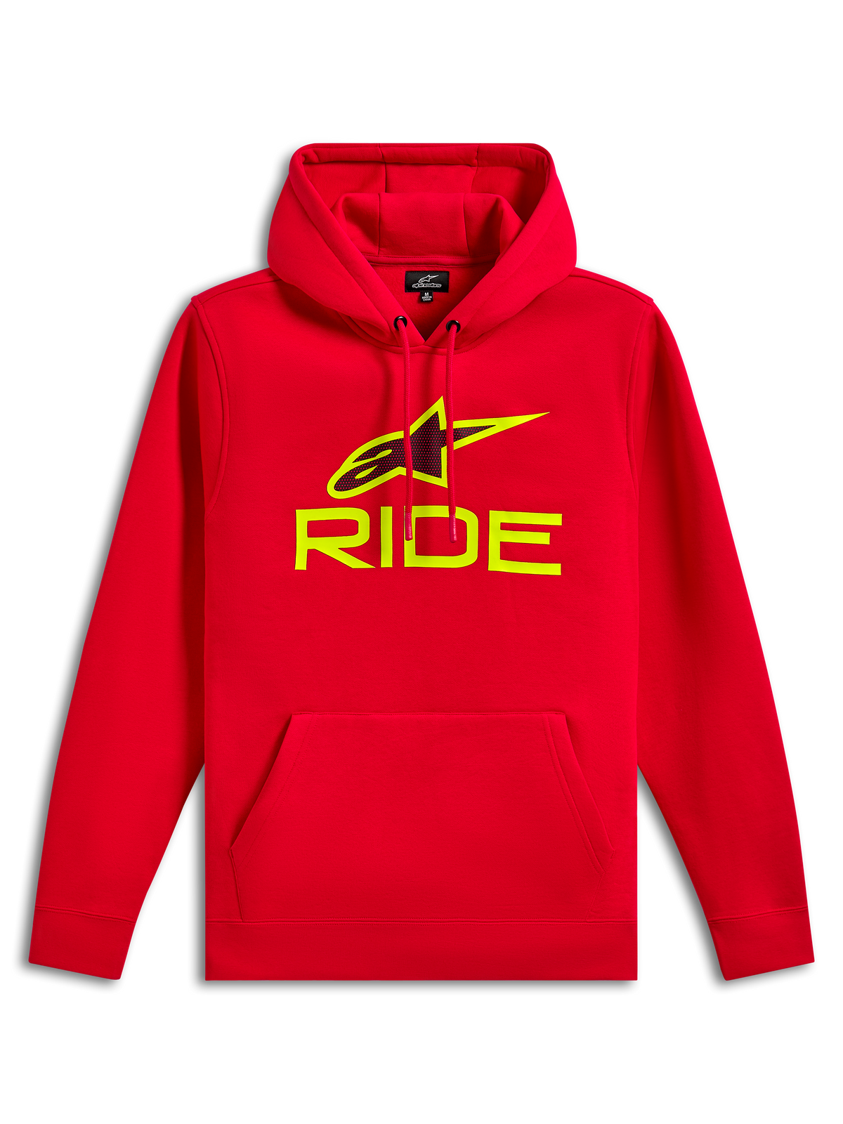 Alpinestars Ride V3 Hoodie, sweat à capuche en polaire rouge, logo RIDE et symbole Astars jaune haute visibilité avec impression perforée noire, capuche avec cordon de serrage, poche kangourou, streetwear décontracté motorsport
