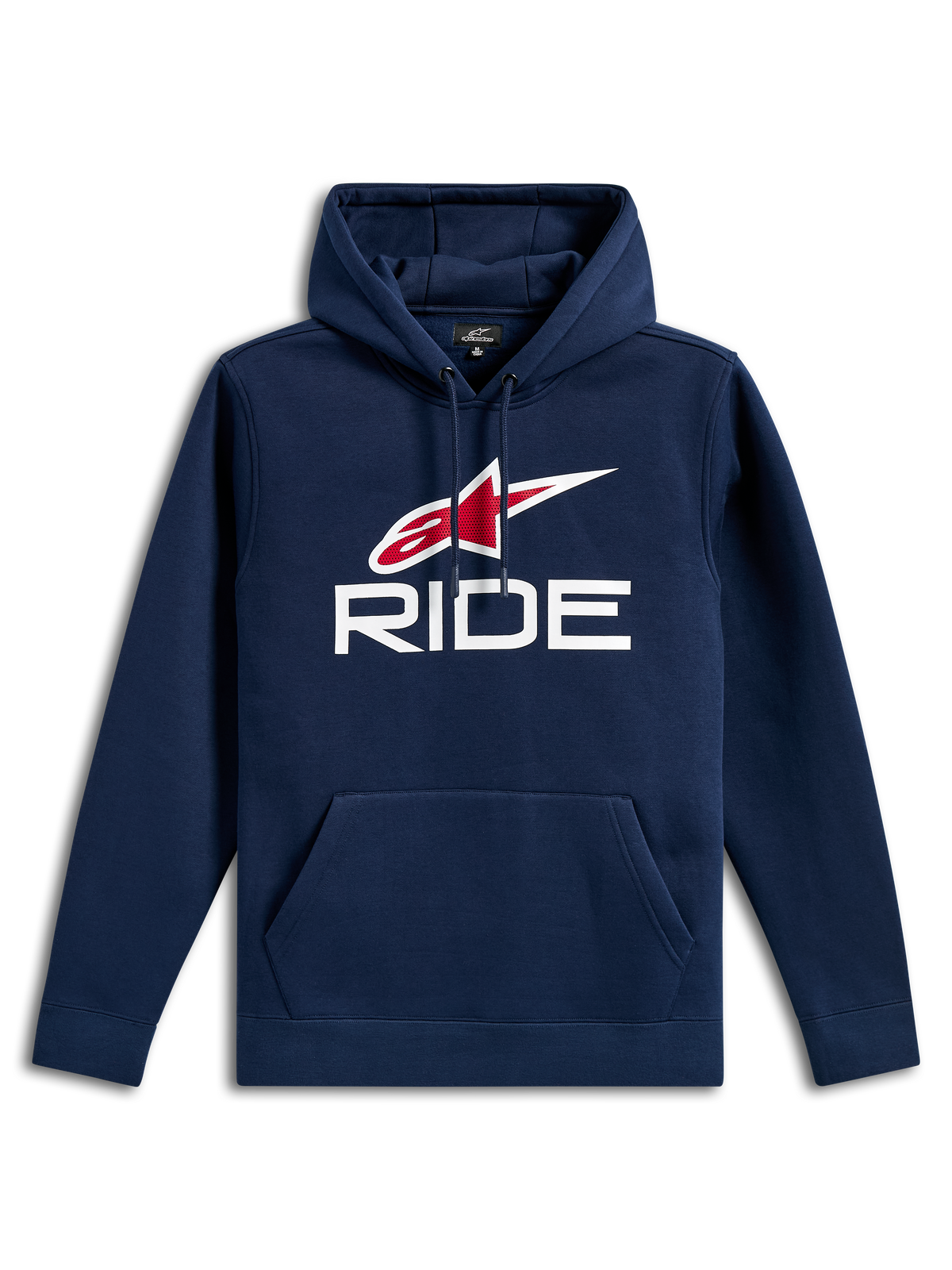 Sweat à capuche Alpinestars Ride V3, polaire décontractée bleu marine, logo RIDE blanc et logo étoile Alpinestars rouge sur la poitrine, capuche avec cordon de serrage, poche kangourou, manches longues et poignets côtelés.