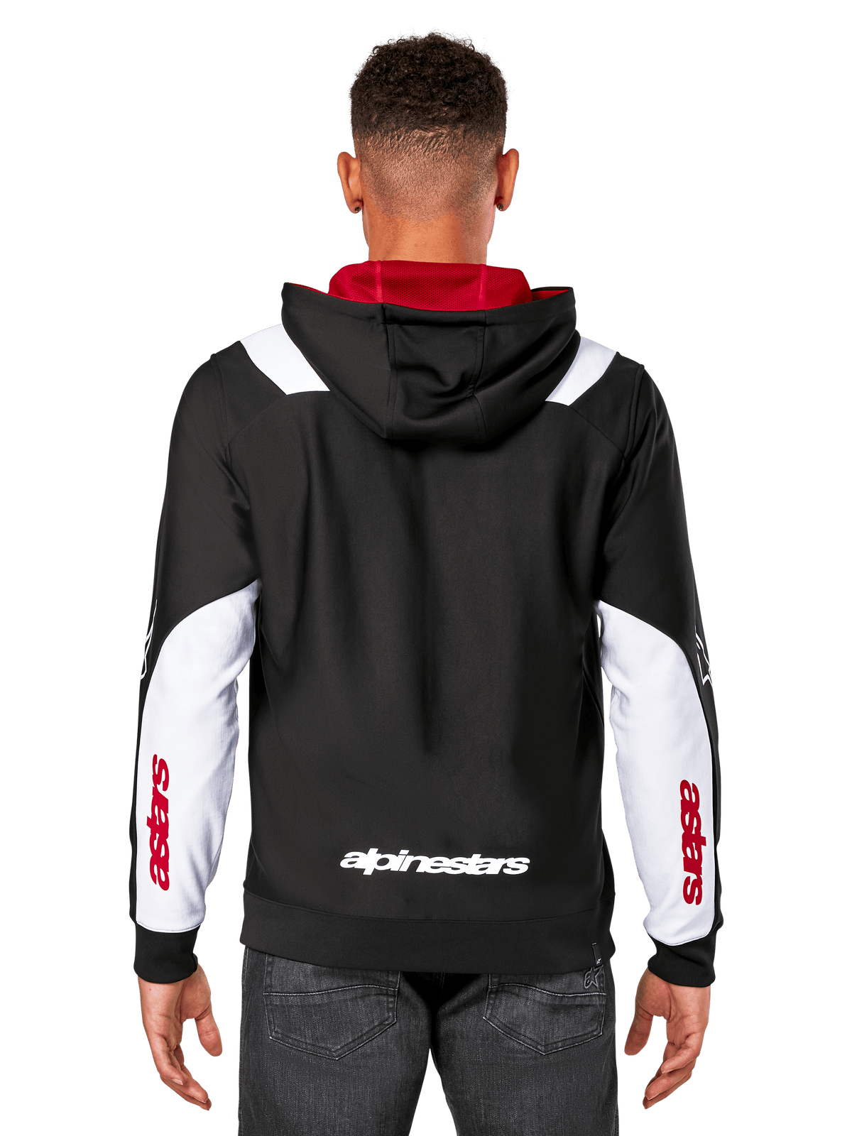Sweat à capuche Alpinestars Sessions V3, vue de dos, noir avec empiècements blancs sur les manches et doublure de capuche rouge, avec logo textuel blanc au dos et marquage rouge sur les manches, vêtement urbain décontracté inspiré du sport automobile
