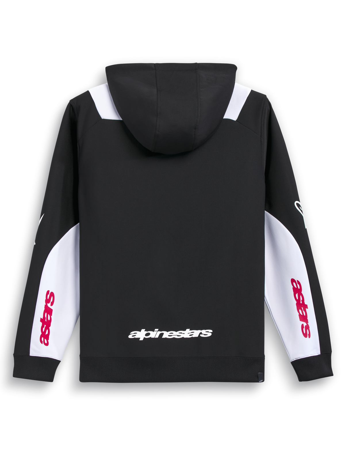 Alpinestars Sweat À Capuche Sessions V3, sweat à capuche zippé sportswear noir, blanc et rouge, vue de dos montrant l'impression du mot-symbole au dos et des panneaux de manches blancs