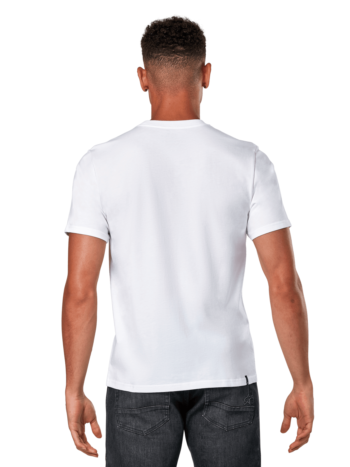 Alpinestars Glyfs CSF Tee, t-shirt à manches courtes, blanc, vue de dos d'un mannequin portant un t-shirt blanc uni et un denim foncé, streetwear motorsport décontracté