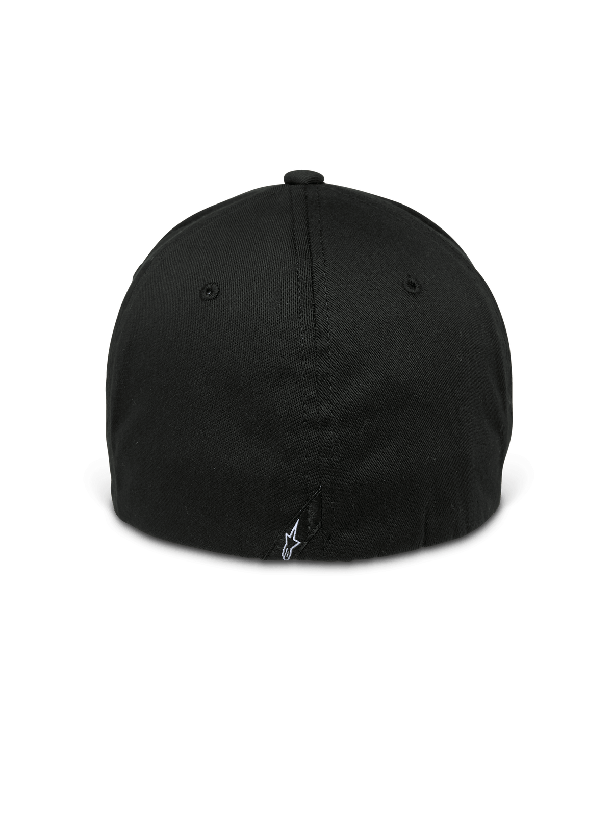 Casquette Alpinestars Arcstars, Noir, vue arrière d'une casquette de baseball à dos flexible, avec un petit logo Astars blanc sur une étiquette arrière, couronne structurée avec œillets ton sur ton, couvre-chef décontracté inspiré du sport automobile