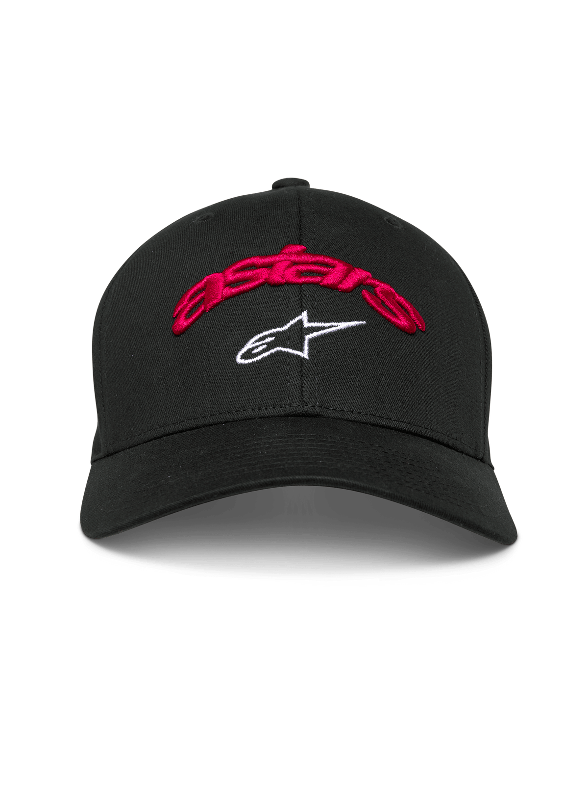 Casquette Alpinestars Arcstars, casquette de baseball noire, inscription astars brodée en 3D rouge et logo étoile blanc, visière courbée, couronne structurée, couvre-chef décontracté inspiré des sports mécaniques
