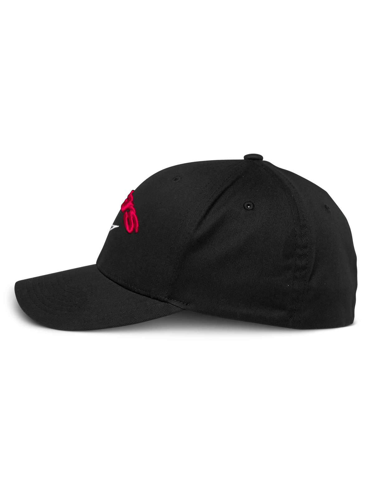 Casquette Alpinestars Arcstars, casquette de baseball noire, vue de profil, visière courbée et couronne structurée, avec logo brodé en 3D rouge, vêtement sportswear décontracté