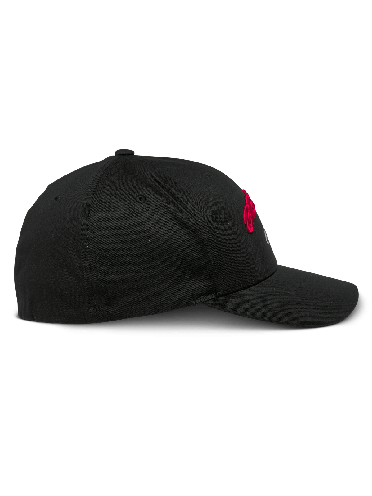 Casquette Alpinestars Arcstars, casquette de baseball noire, vue de profil, visière courbée avec couronne structurée, tissu en sergé extensible, broderies rouges et blanches, couvre-chef décontracté inspiré du sport automobile