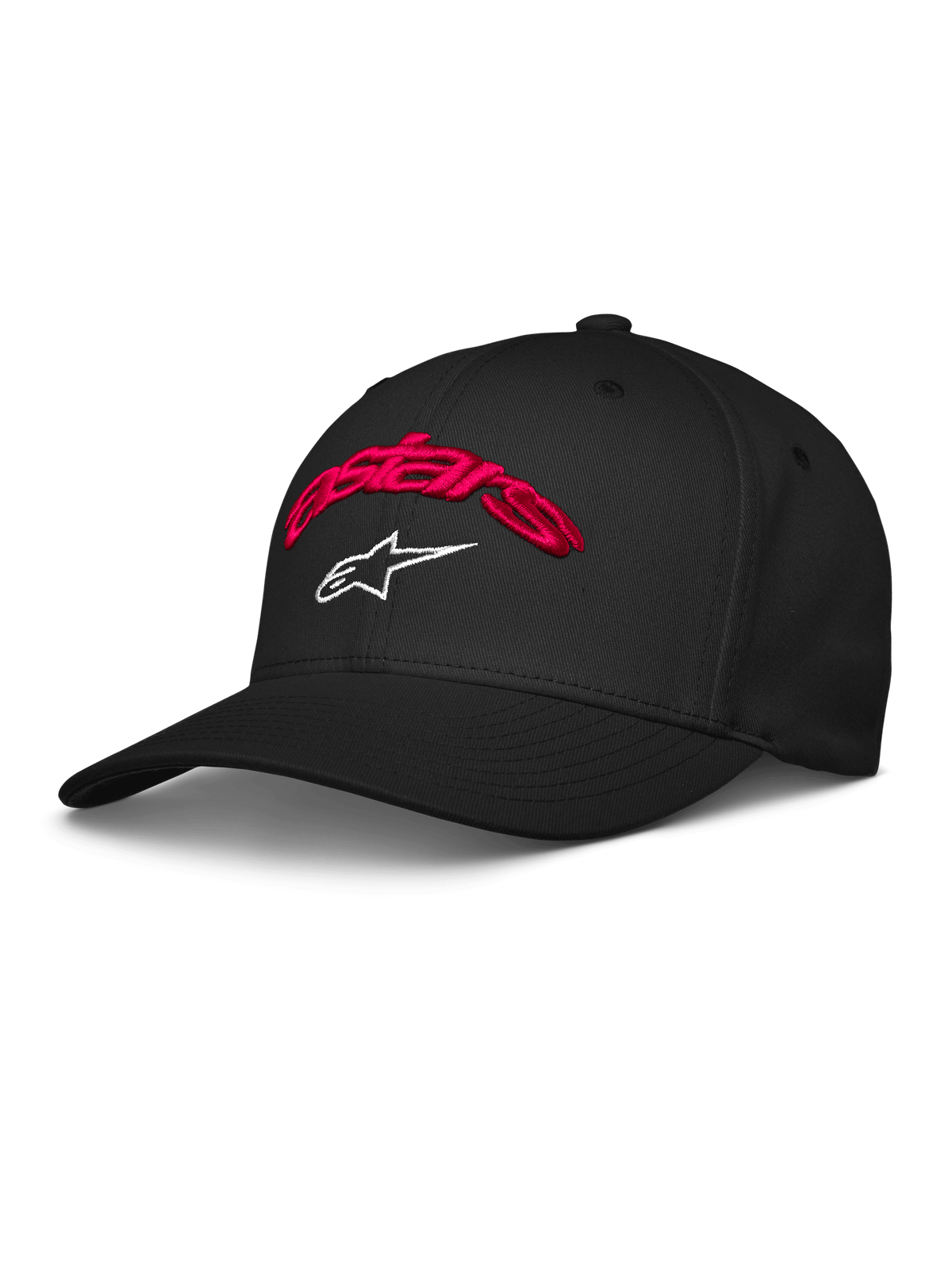 Alpinestars Arcstars Hat, casquette de baseball noire avec inscription Astars brodée en 3D rouge et logo étoile blanc, visière courbée, couronne structurée, vêtement sportswear motorsport décontracté